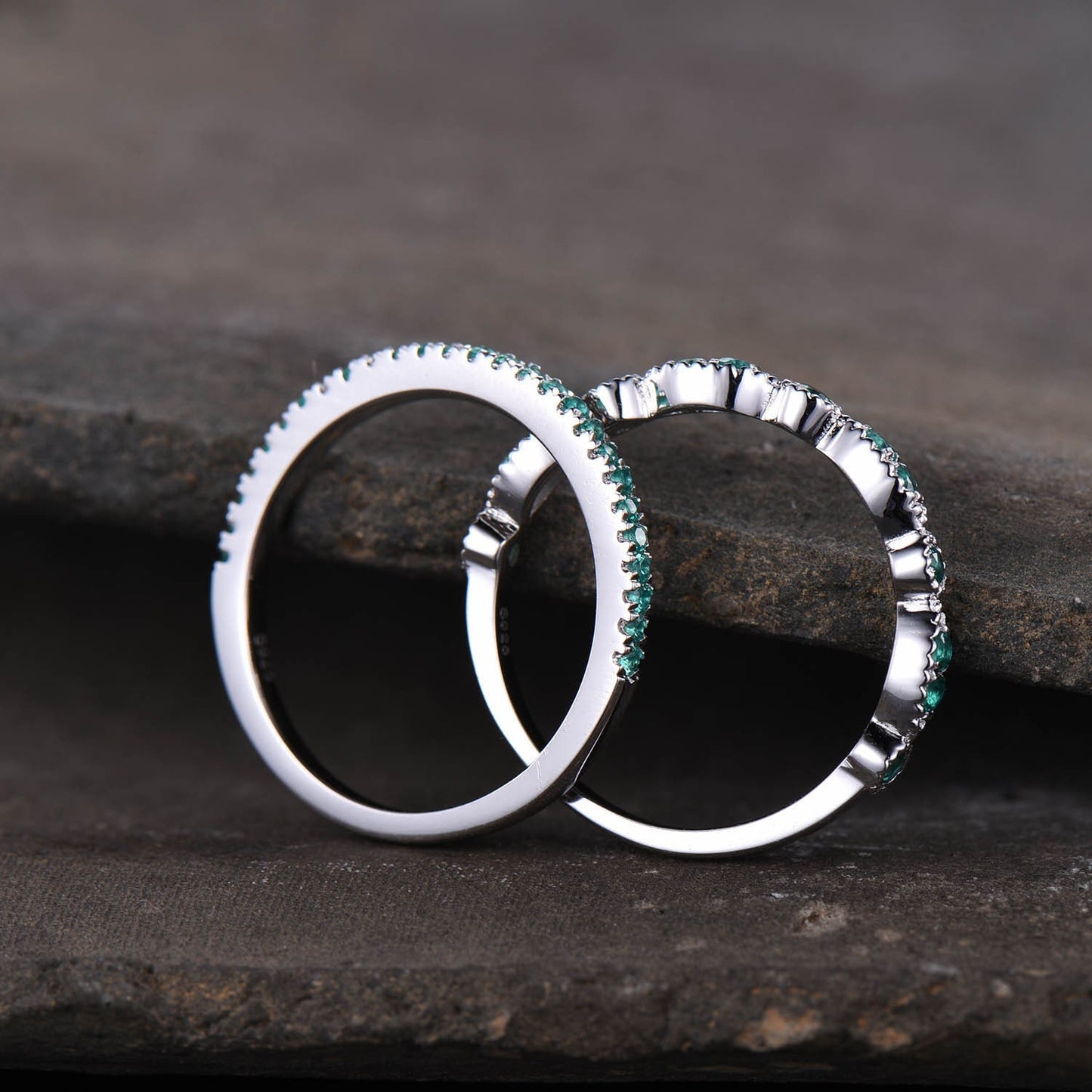 Emerald Wedding Set, Dainty Emerald Ring, Stacking Rings, 925 Sterling Silver, Emerald Gold Rings, Art deco, Anniversary Gift, Delicate