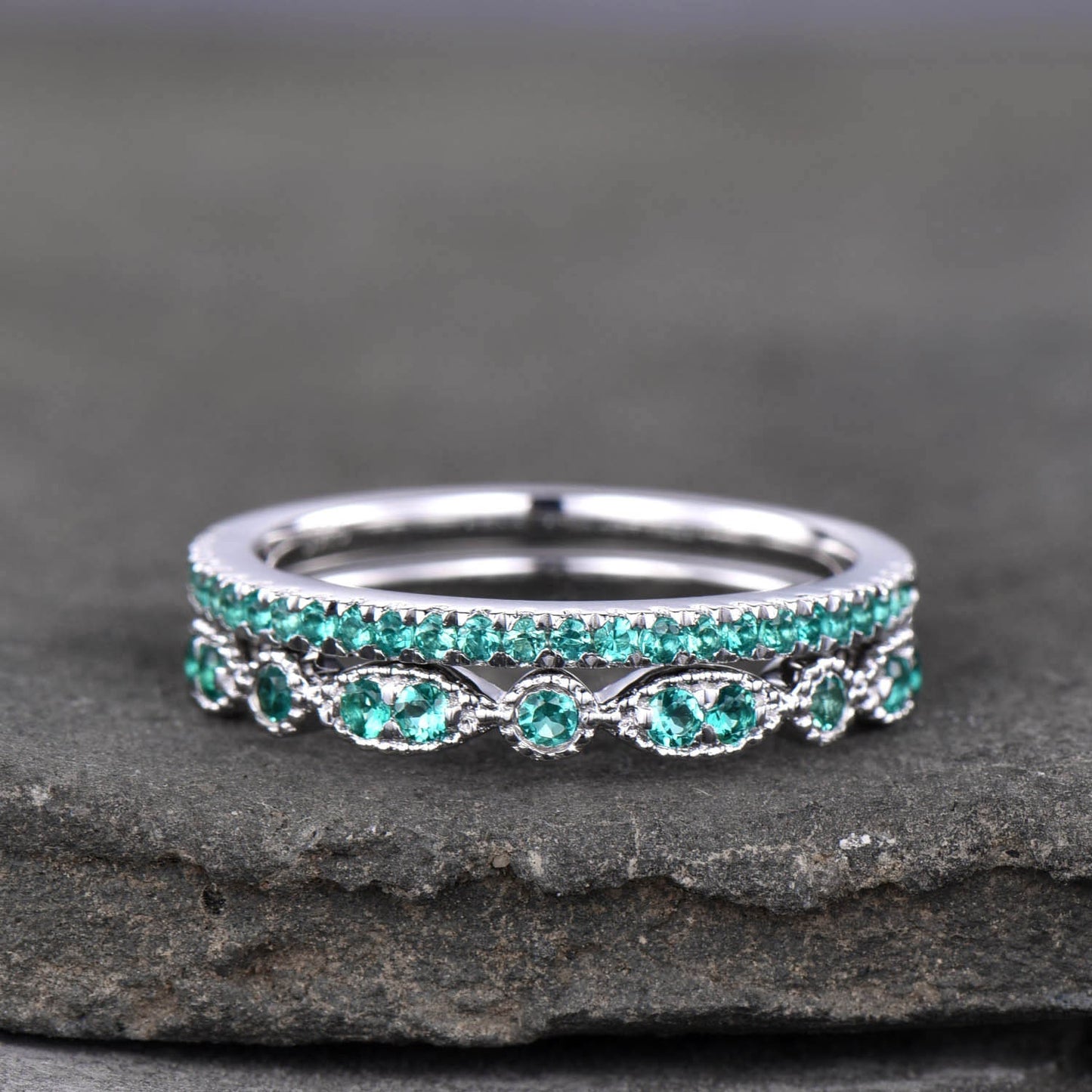 Emerald Wedding Set, Dainty Emerald Ring, Stacking Rings, 925 Sterling Silver, Emerald Gold Rings, Art deco, Anniversary Gift, Delicate