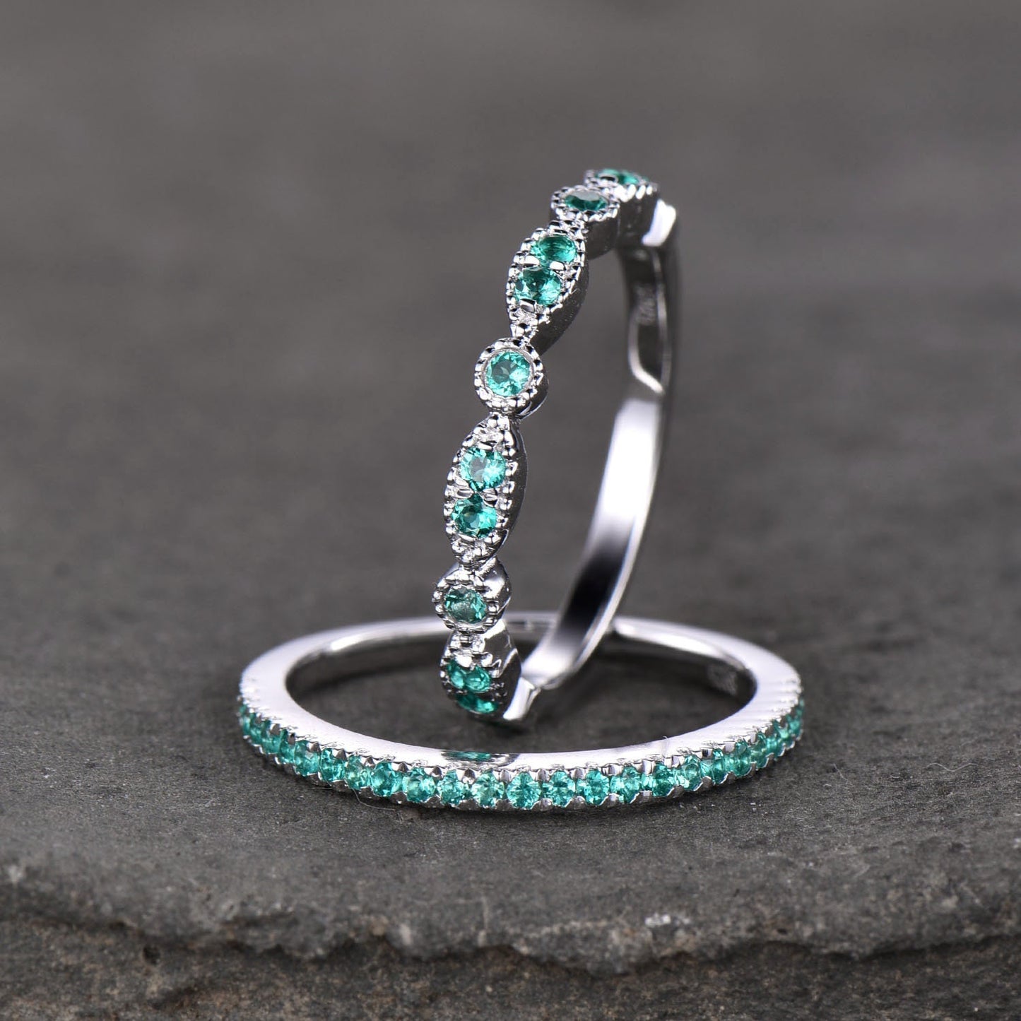 Emerald Wedding Set, Dainty Emerald Ring, Stacking Rings, 925 Sterling Silver, Emerald Gold Rings, Art deco, Anniversary Gift, Delicate