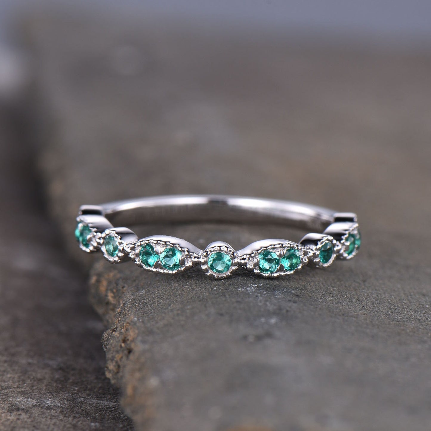 Emerald Wedding Set, Dainty Emerald Ring, Stacking Rings, 925 Sterling Silver, Emerald Gold Rings, Art deco, Anniversary Gift, Delicate