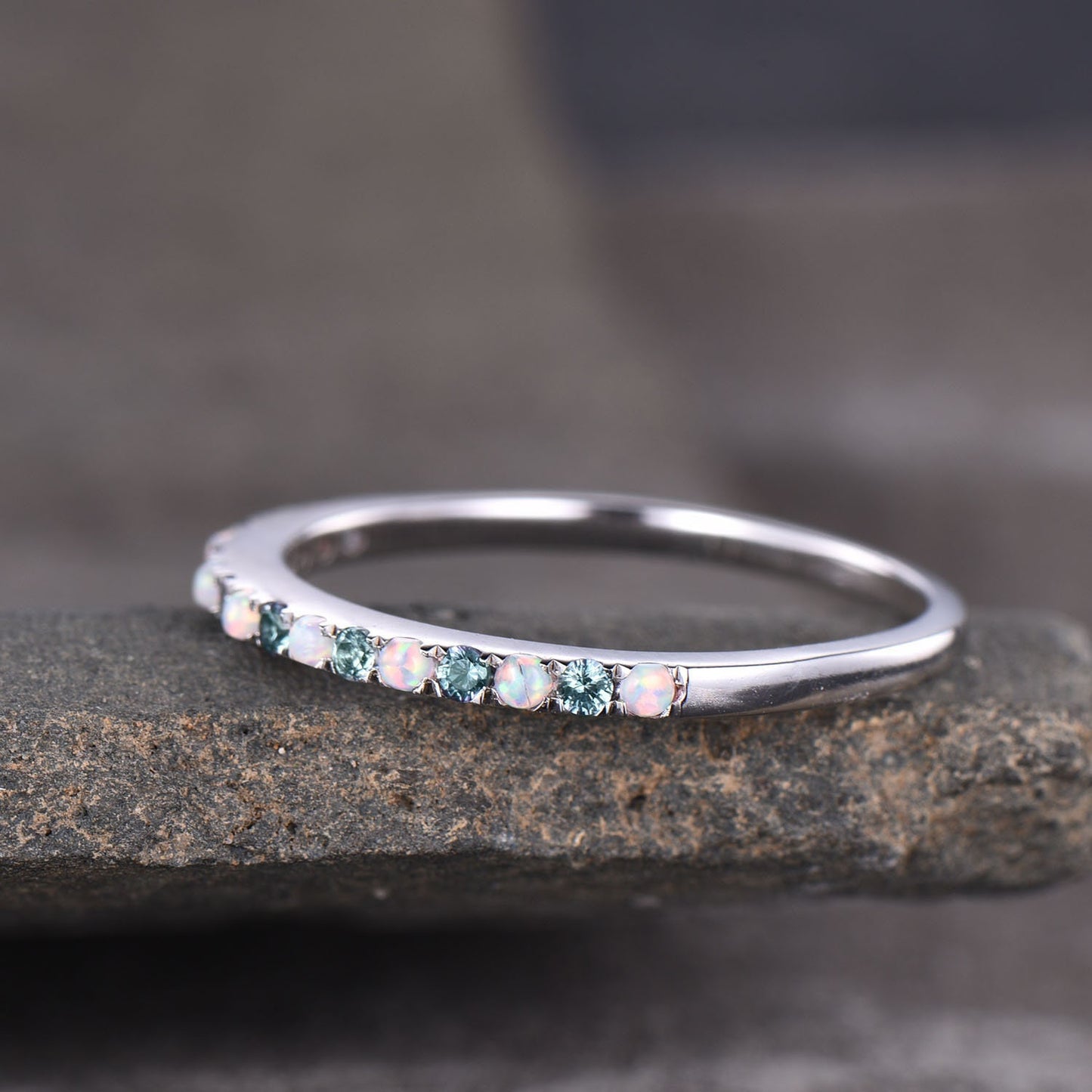Dainty Opal Alexandrite Ring - Opal Stackable Wedding Band - 925 Sterling Silver - Minimalist Birthstone Ring - Stacking Ring - Gold Ring