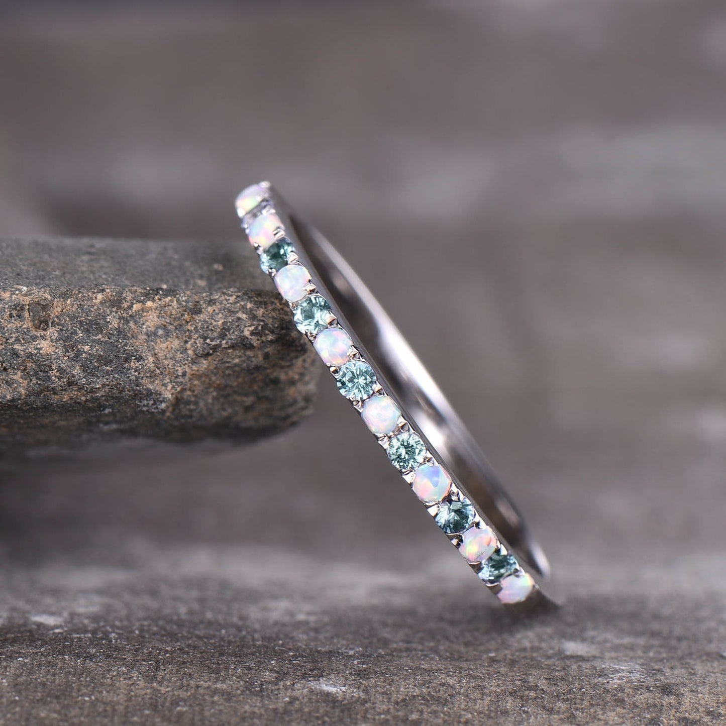 Dainty Opal Alexandrite Ring - Opal Stackable Wedding Band - 925 Sterling Silver - Minimalist Birthstone Ring - Stacking Ring - Gold Ring