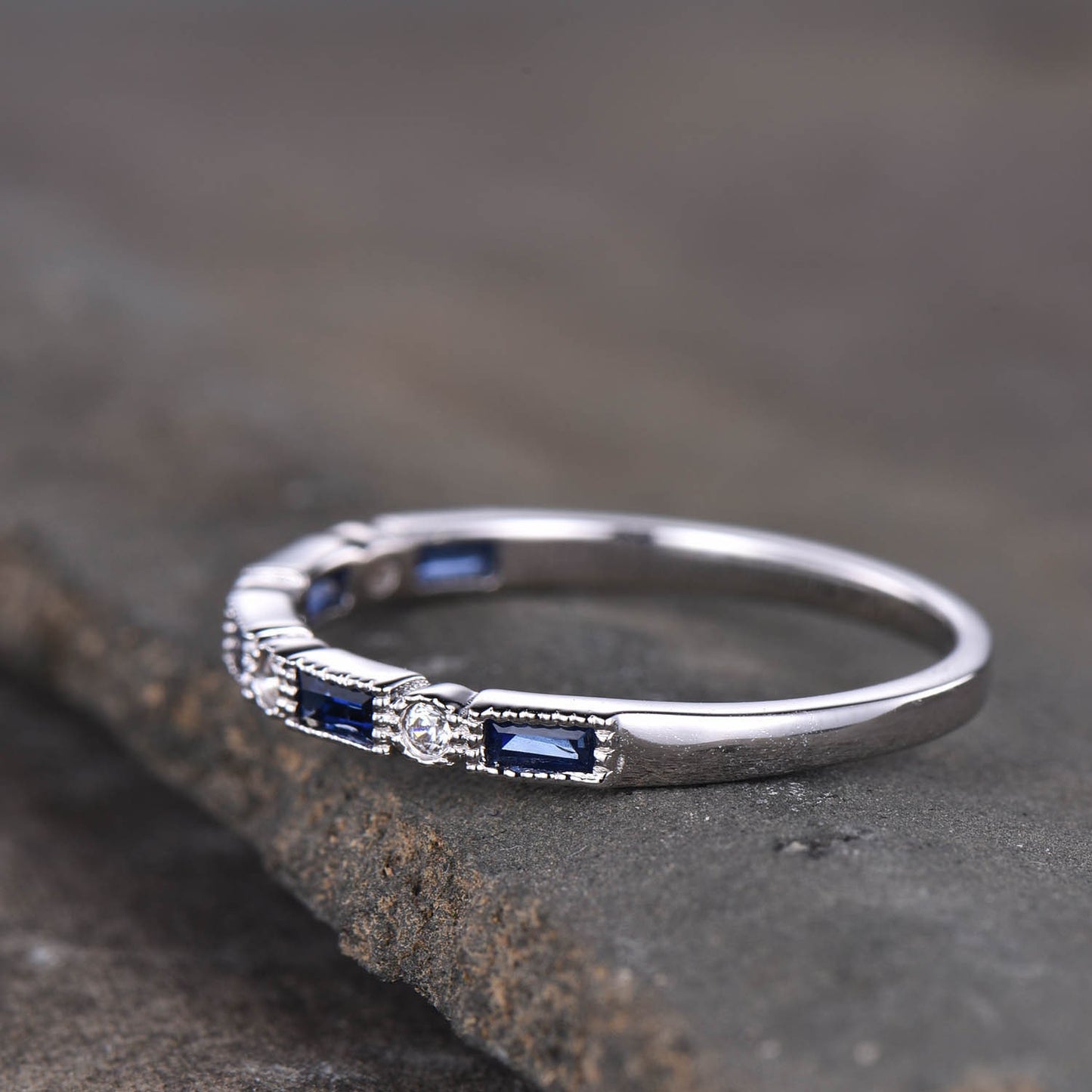 Sapphire Ring, Baguette Sapphire Wedding Ring, September Birthstone Ring, Minimalist Ring, Stacking Ring, Silver Vintage Ring, White Gold