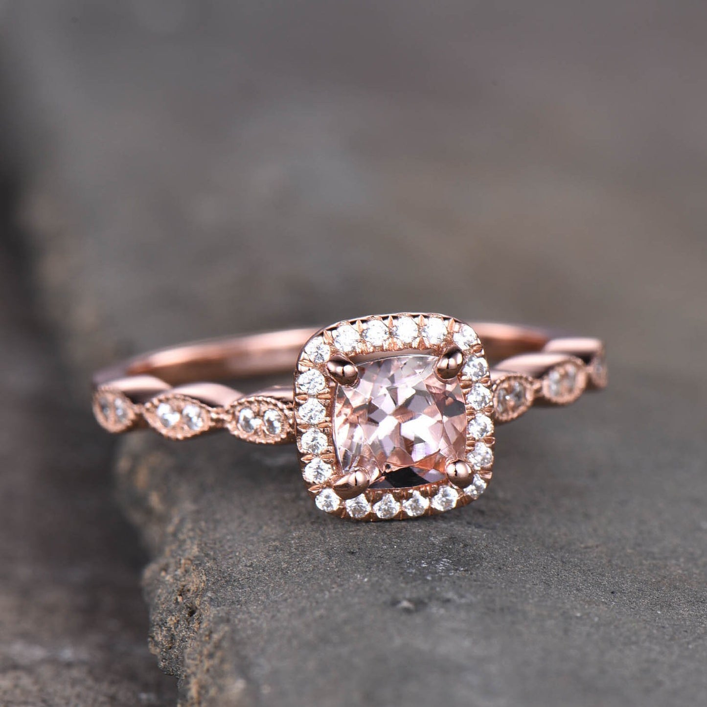 Rose Gold Morganite Ring, Cushion Morganite Engagement Ring, Halo Ring, Art deco wedding Band, Promise Ring, Anniversary Ring, Bridal Ring