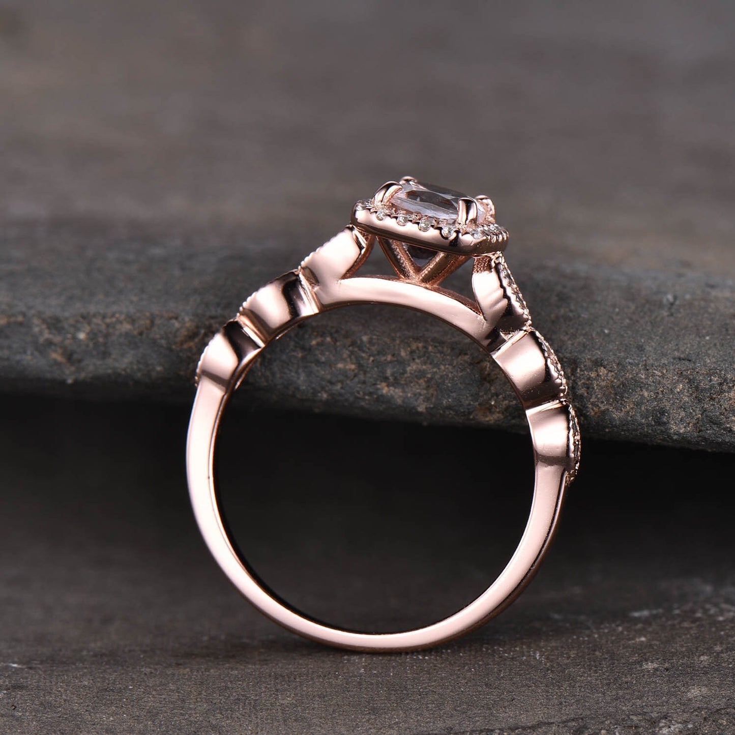 Rose Gold Morganite Ring, Cushion Morganite Engagement Ring, Halo Ring, Art deco wedding Band, Promise Ring, Anniversary Ring, Bridal Ring