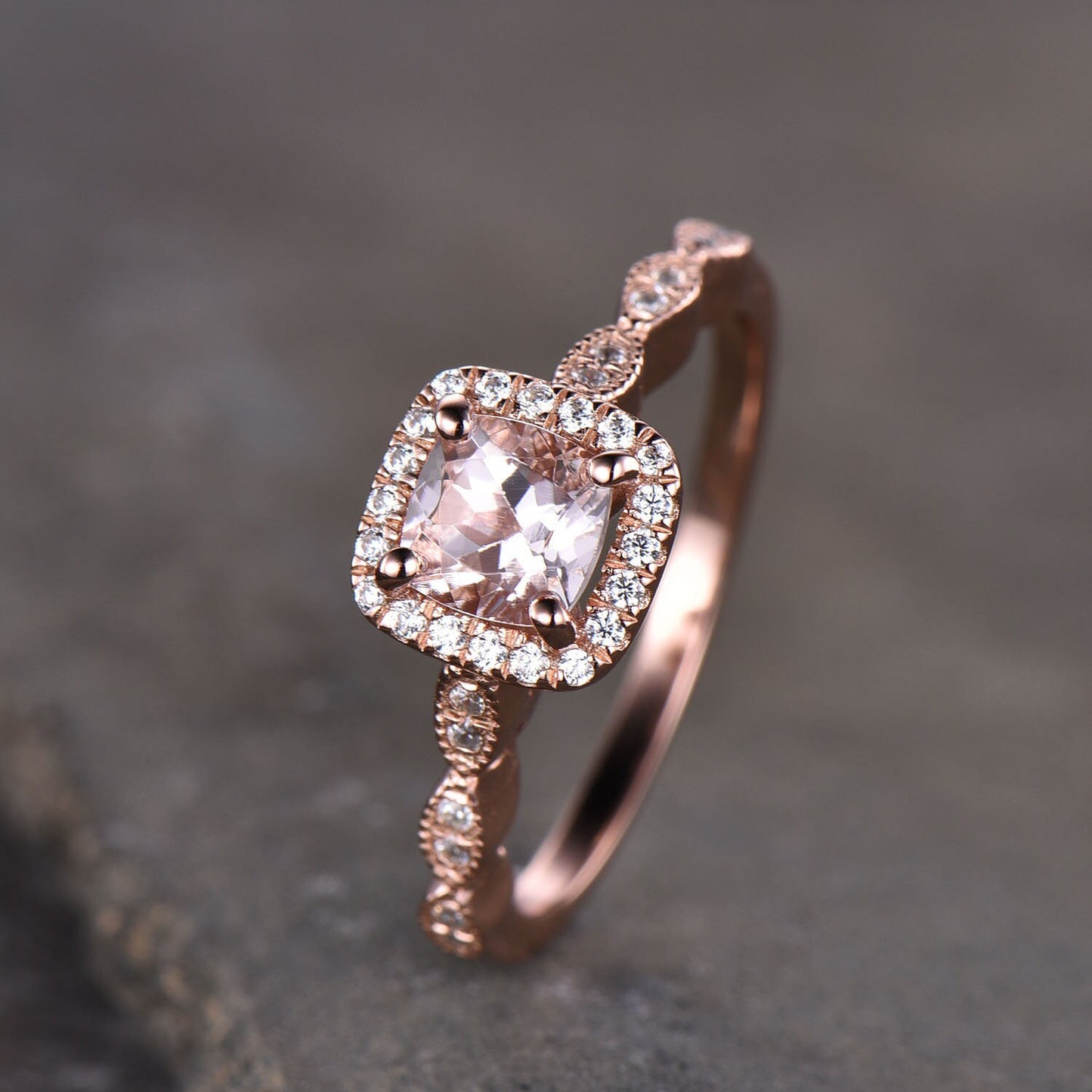 Rose Gold Morganite Ring, Cushion Morganite Engagement Ring, Halo Ring, Art deco wedding Band, Promise Ring, Anniversary Ring, Bridal Ring