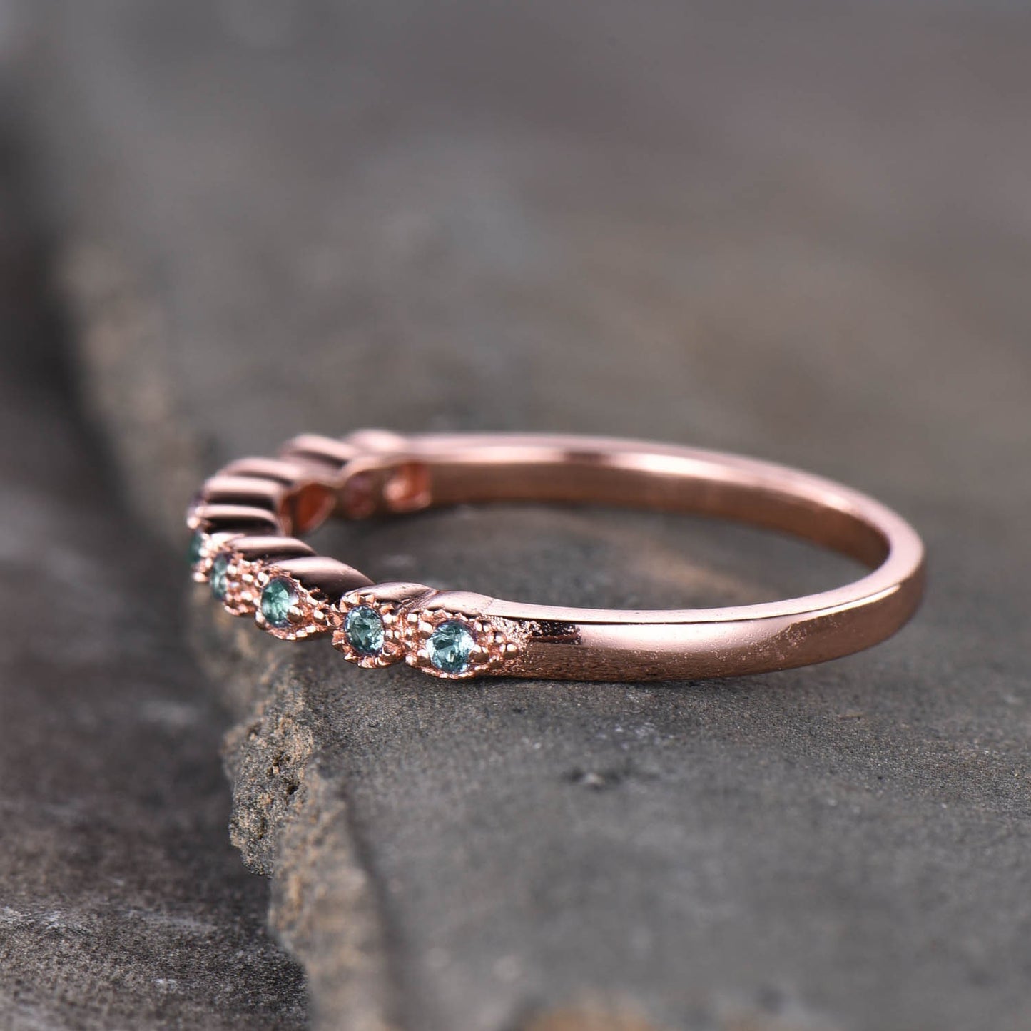 Alexandrite Ring, Art deco Half Eternity Band, Alexandrite Stacking Ring, June Birthstone Ring, Rose Gold Dainty Ring, Gift for her