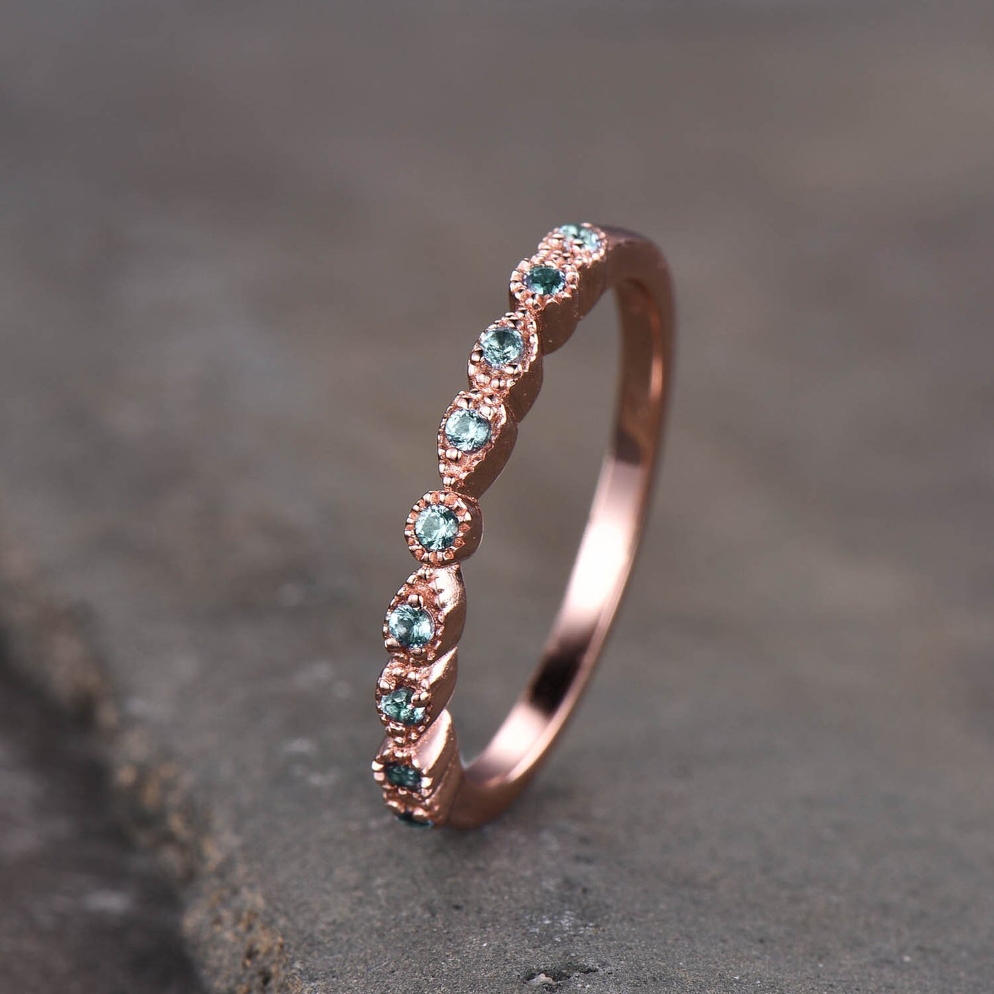 Alexandrite Ring, Art deco Half Eternity Band, Alexandrite Stacking Ring, June Birthstone Ring, Rose Gold Dainty Ring, Gift for her