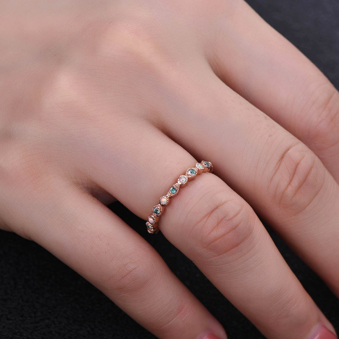 Art deco Eternity Band, Alexandrite Opal Wedding Ring, Stackable Full Eternity Ring, Rose Gold Vintage Opal Matching Band, Anniversary Gift