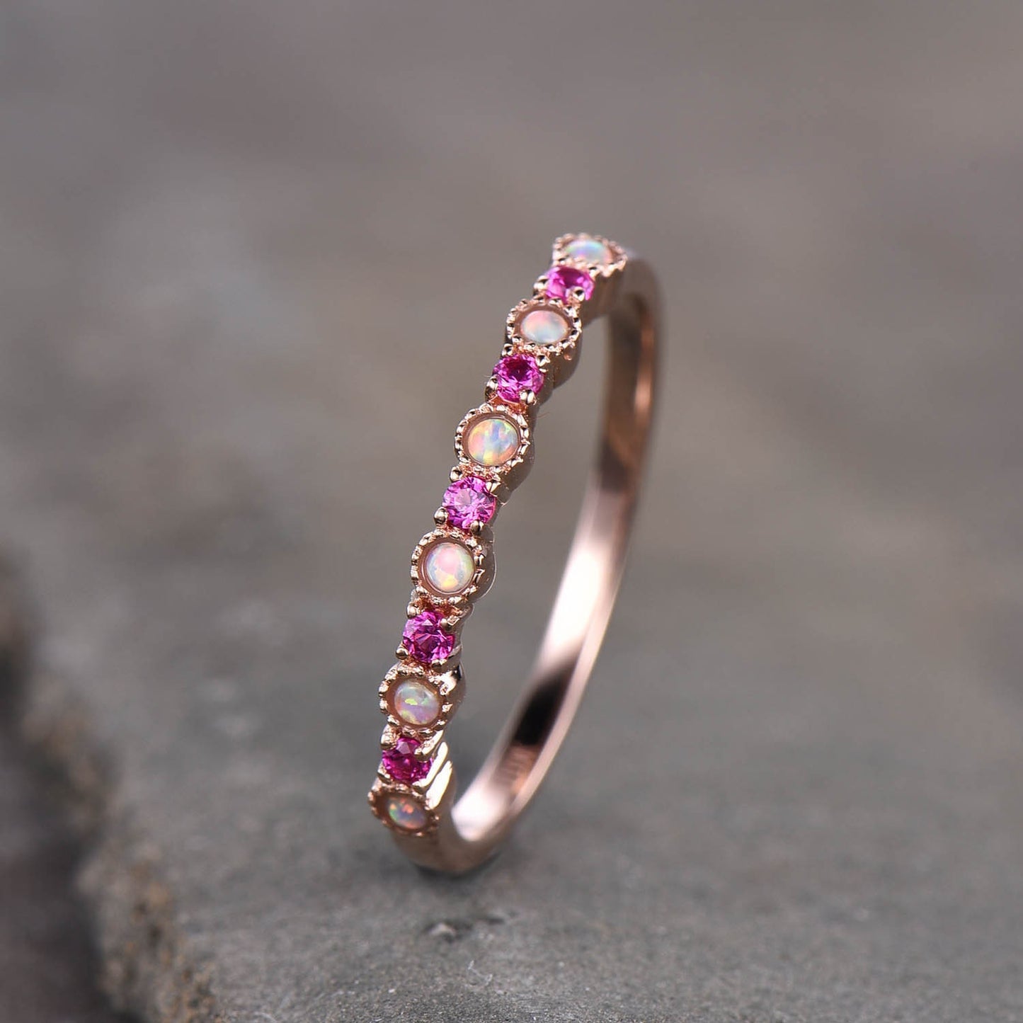 Opal Ruby Wedding Ring Rose Gold Dainty Opal Ring July Birthstone Half Eternity Stacking Ring Everyday Ring Sterling Silver Gift For Her