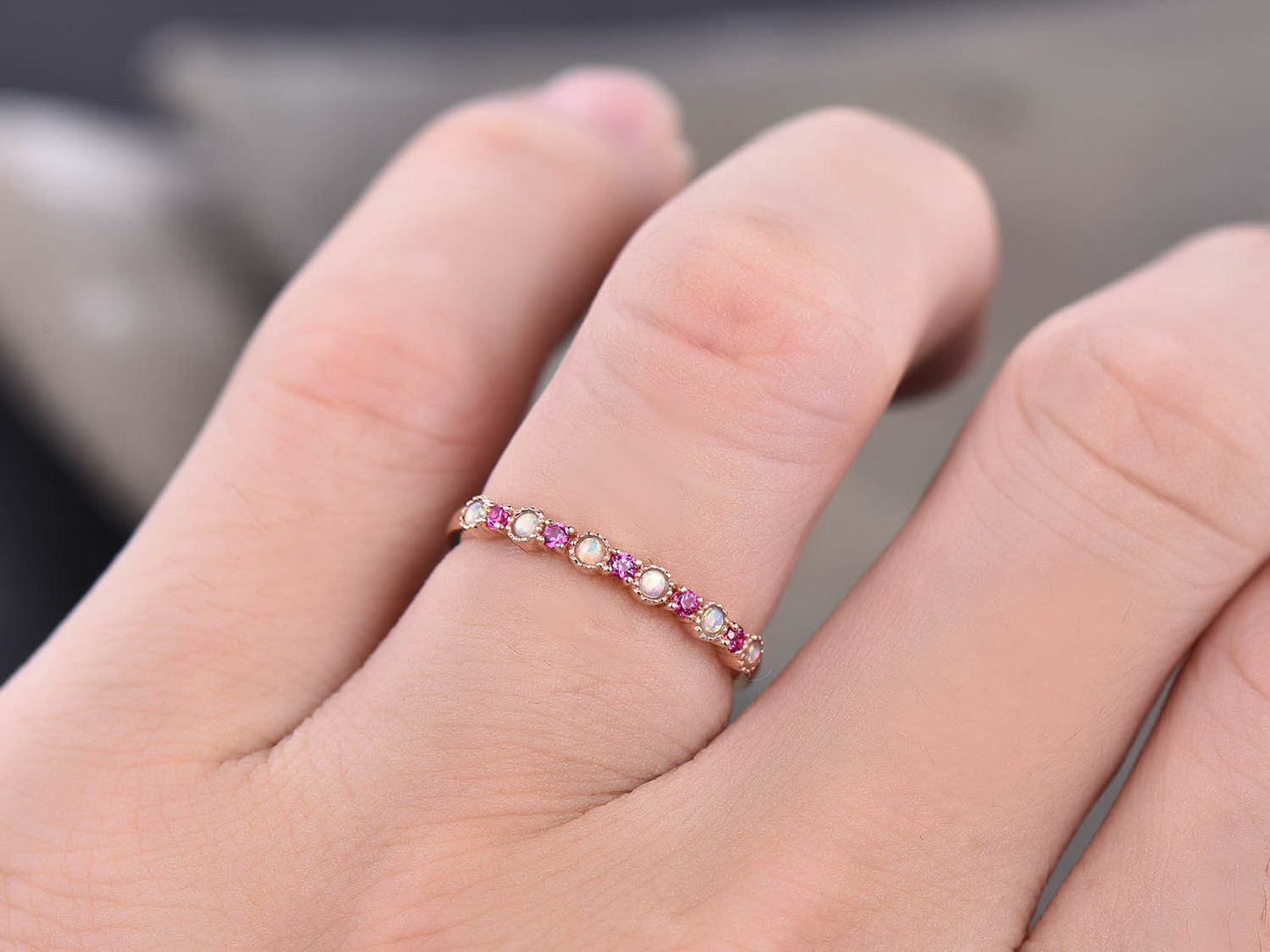 Opal Ruby Wedding Ring Rose Gold Dainty Opal Ring July Birthstone Half Eternity Stacking Ring Everyday Ring Sterling Silver Gift For Her