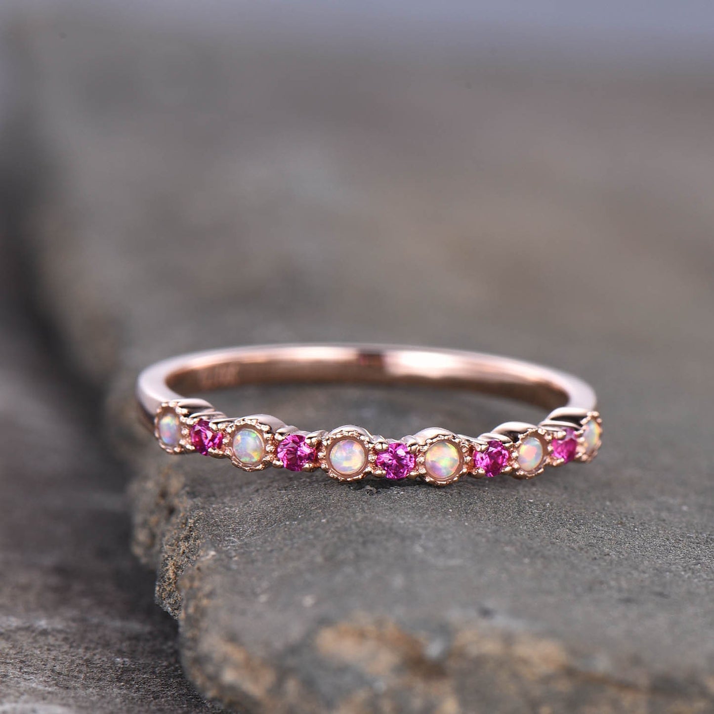 Opal Ruby Wedding Ring Rose Gold Dainty Opal Ring July Birthstone Half Eternity Stacking Ring Everyday Ring Sterling Silver Gift For Her