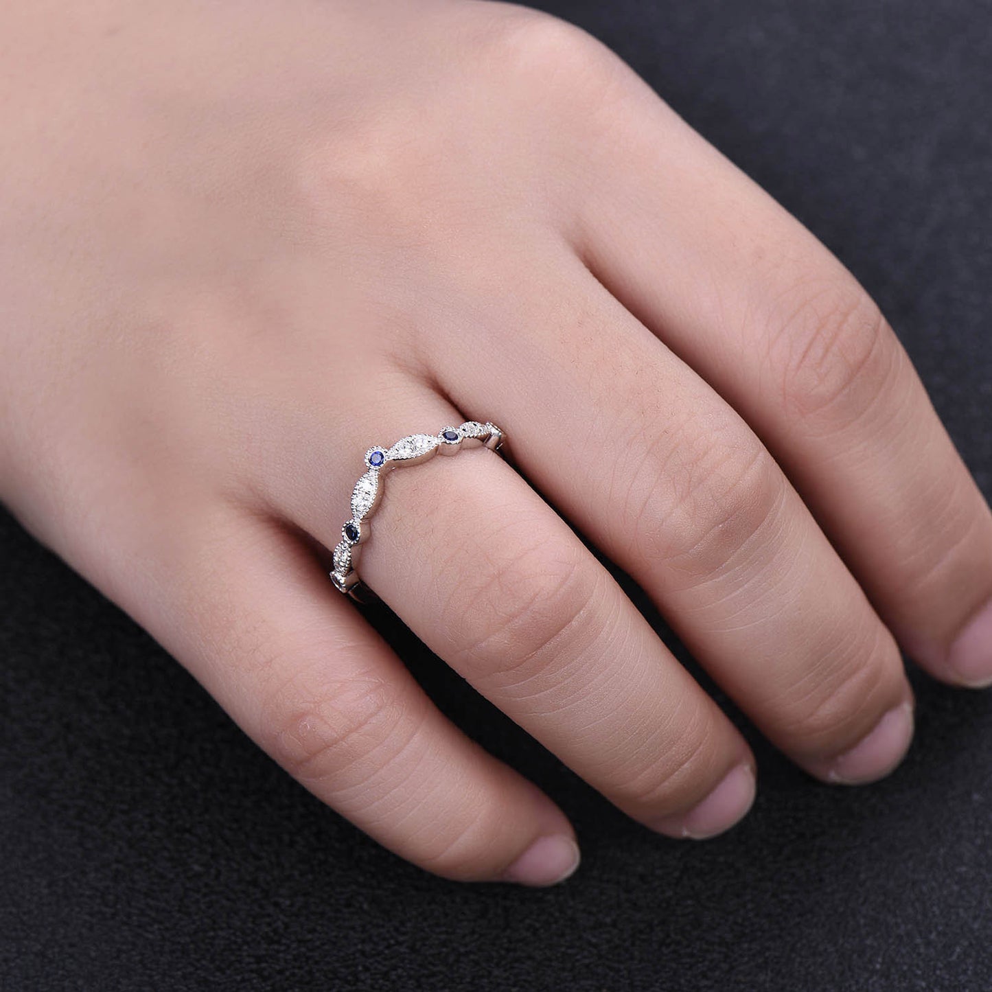 Curve Wedding Ring Art Deco Wedding Band Blue Sappire Band CZ V Ring Stacking Matching Band Silver Rose Gold Plated Milgrain Marquise Ring