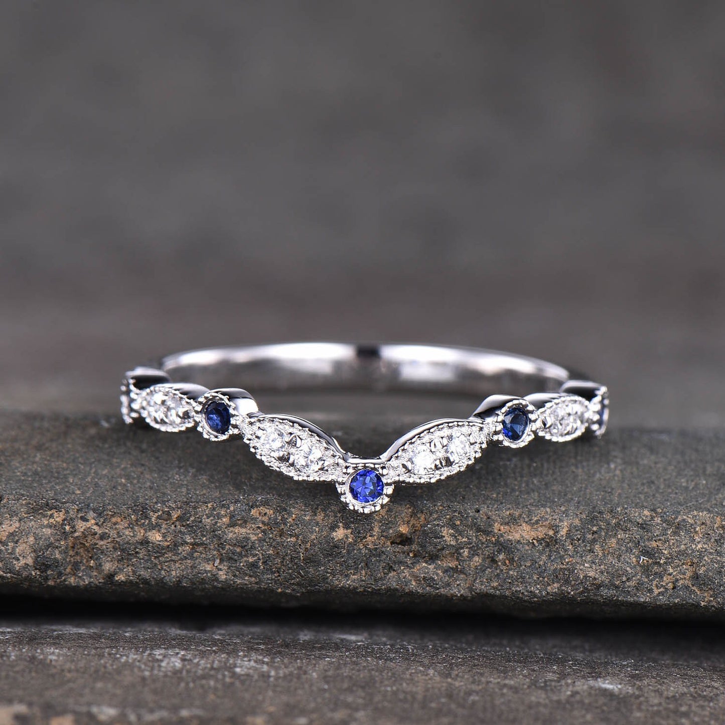Curve Wedding Ring Art Deco Wedding Band Blue Sappire Band CZ V Ring Stacking Matching Band Silver Rose Gold Plated Milgrain Marquise Ring