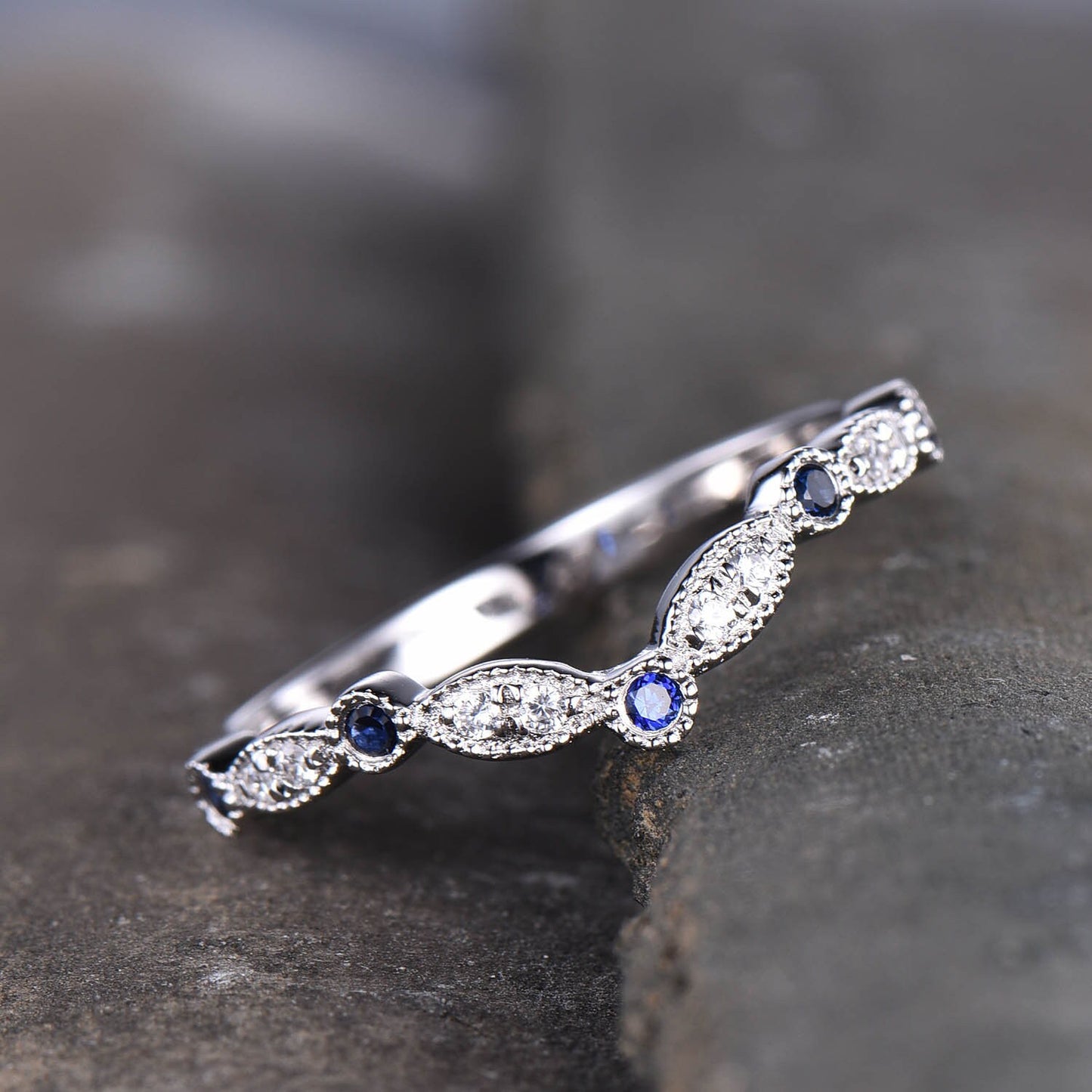 Curve Wedding Ring Art Deco Wedding Band Blue Sappire Band CZ V Ring Stacking Matching Band Silver Rose Gold Plated Milgrain Marquise Ring