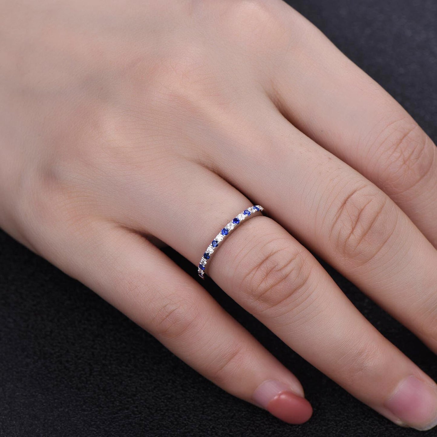 Sapphire Ring, Sterling Silver Rings, Blue Sapphire and CZ Wedding Band, Stacking Band, Pave Band, Half Eternity Stacking Rings