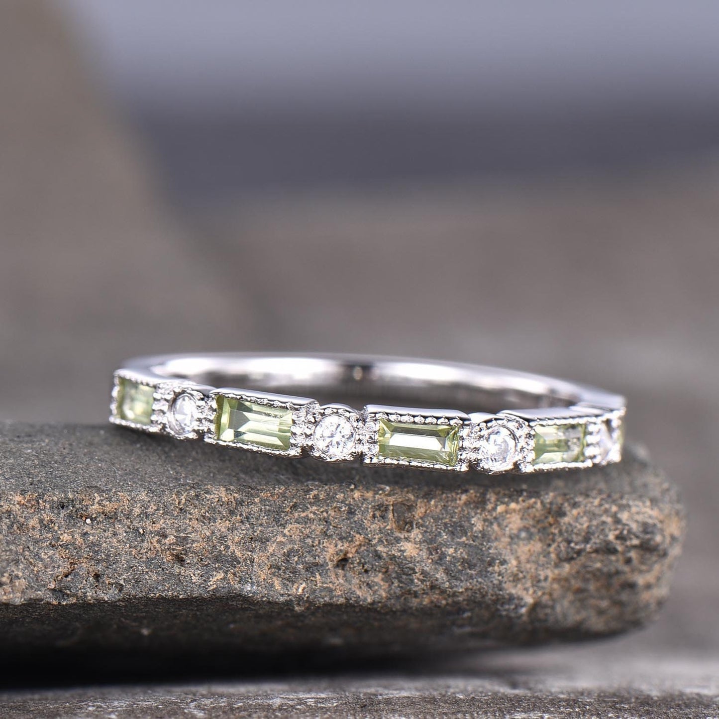 Peridot Baguette Ring, Sterling Silver Peridot Ring, Peridot Stacking ring, August Ring, Dainty Peridot Ring, Gold Ring, Gift Ring