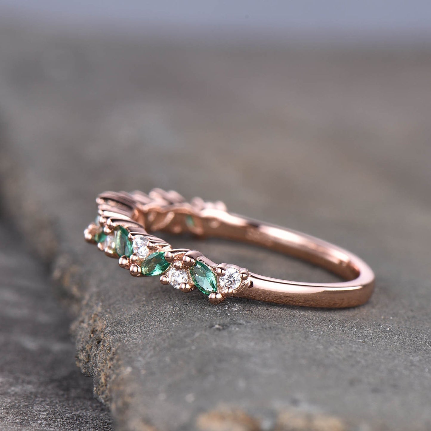 Vintage Emerald Ring, Emerald and CZ Ring, May Birthstone Ring, Rose Gold Emerald Ring, Emerald Stacking Ring, Gemstone Ring