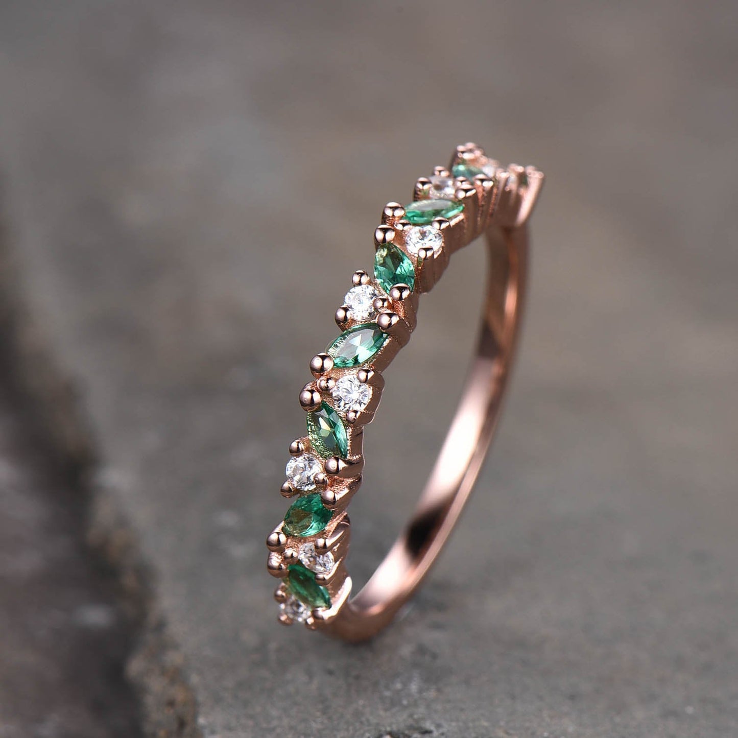 Vintage Emerald Ring, Emerald and CZ Ring, May Birthstone Ring, Rose Gold Emerald Ring, Emerald Stacking Ring, Gemstone Ring