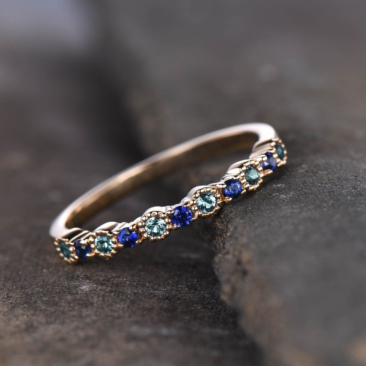 Alexandrite and Sapphire Ring, Alexandrite Ring, Gemstone Band, June Birthstone Ring, Rose Gold Ring, Anniversary Ring, Gift For Her