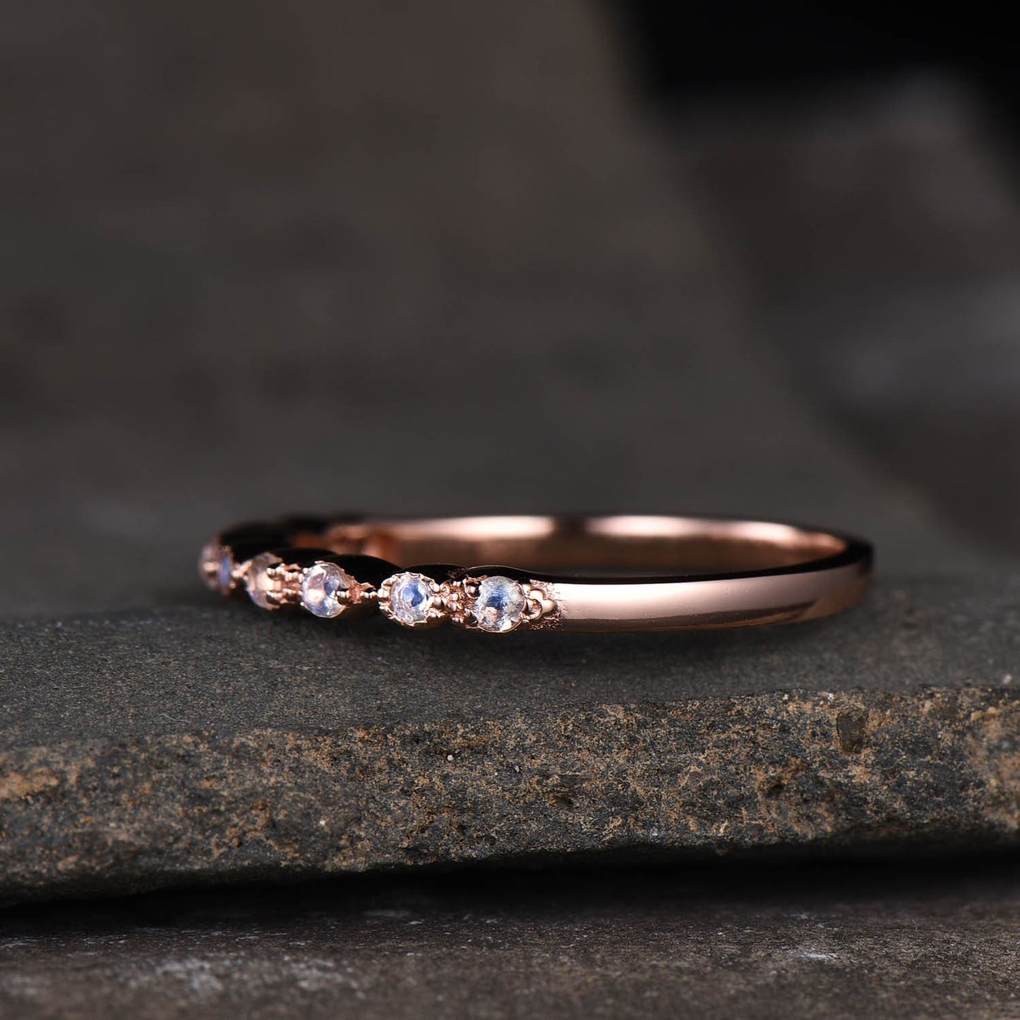 Dainty Moonstone Ring, Rainbow Moonstone Wedding Band, Genuine Gemstone, Stacking Ring, Delicate Ring Rose Gold, Half Eternity Band