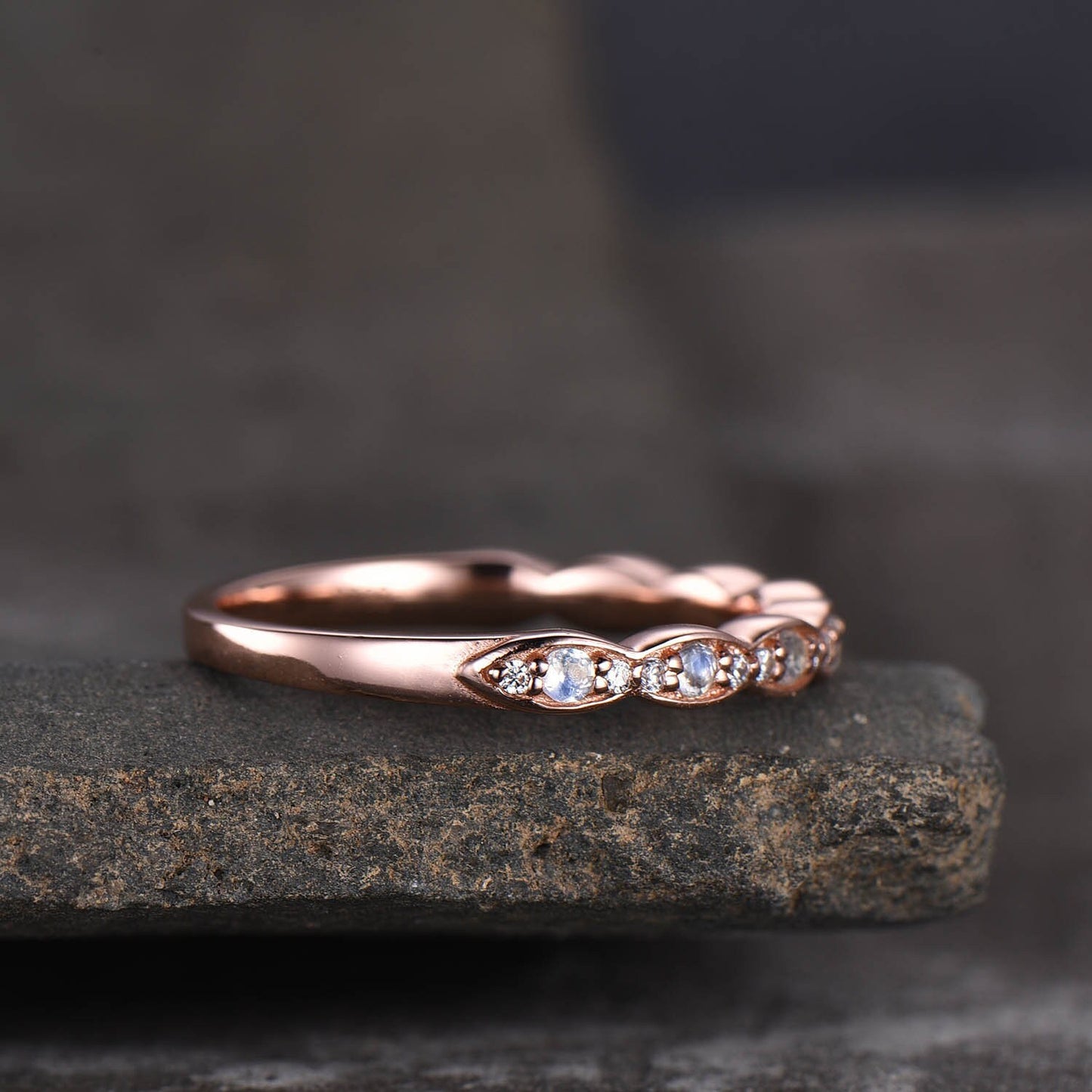 Rainbow Moonstone Ring, Moonstone and CZ Wedding Band, Vintage Moonstone Ring, Rose Gold Moonstone Band, Stacking Ring, June Birthstone