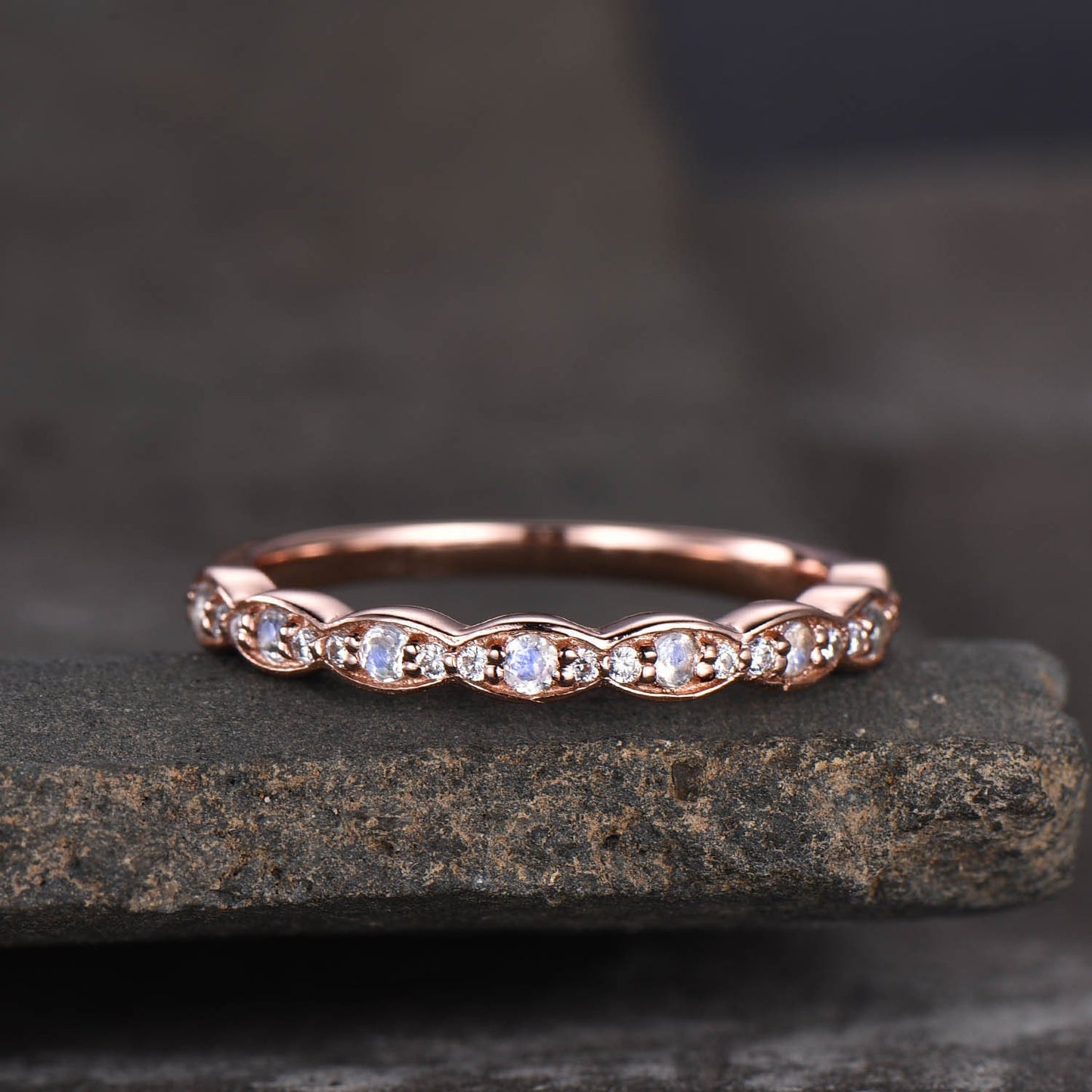 Rainbow Moonstone Ring, Moonstone and CZ Wedding Band, Vintage Moonstone Ring, Rose Gold Moonstone Band, Stacking Ring, June Birthstone