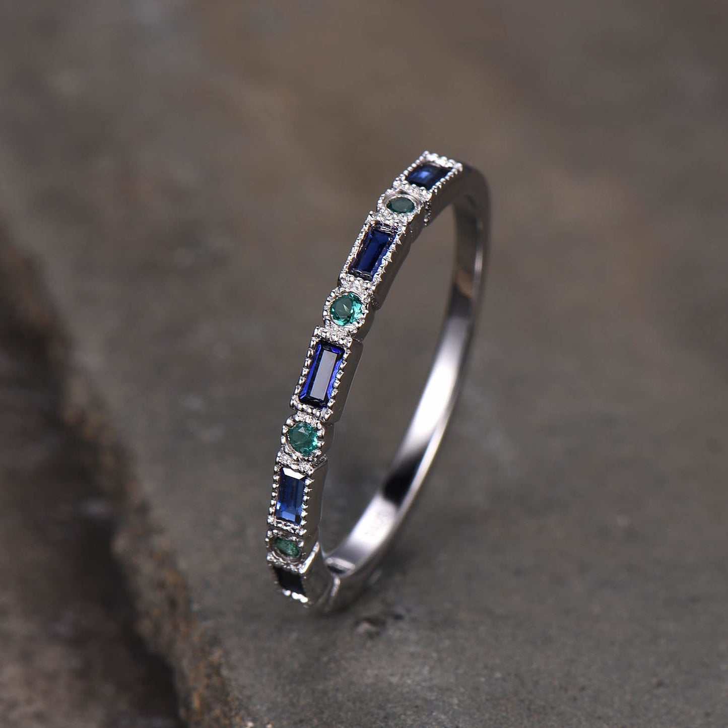 Sapphire and Emerald Ring, Sapphire Baguette Ring, Half Eternity Band, Stacking Ring, Silver Ring, Women's Wedding Ring, White Gold Ring