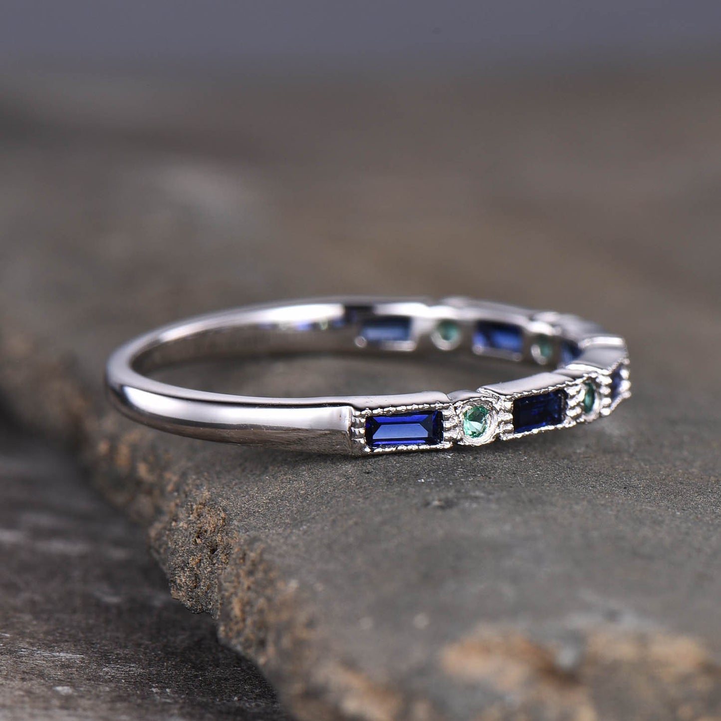 Sapphire and Emerald Ring, Sapphire Baguette Ring, Half Eternity Band, Stacking Ring, Silver Ring, Women's Wedding Ring, White Gold Ring