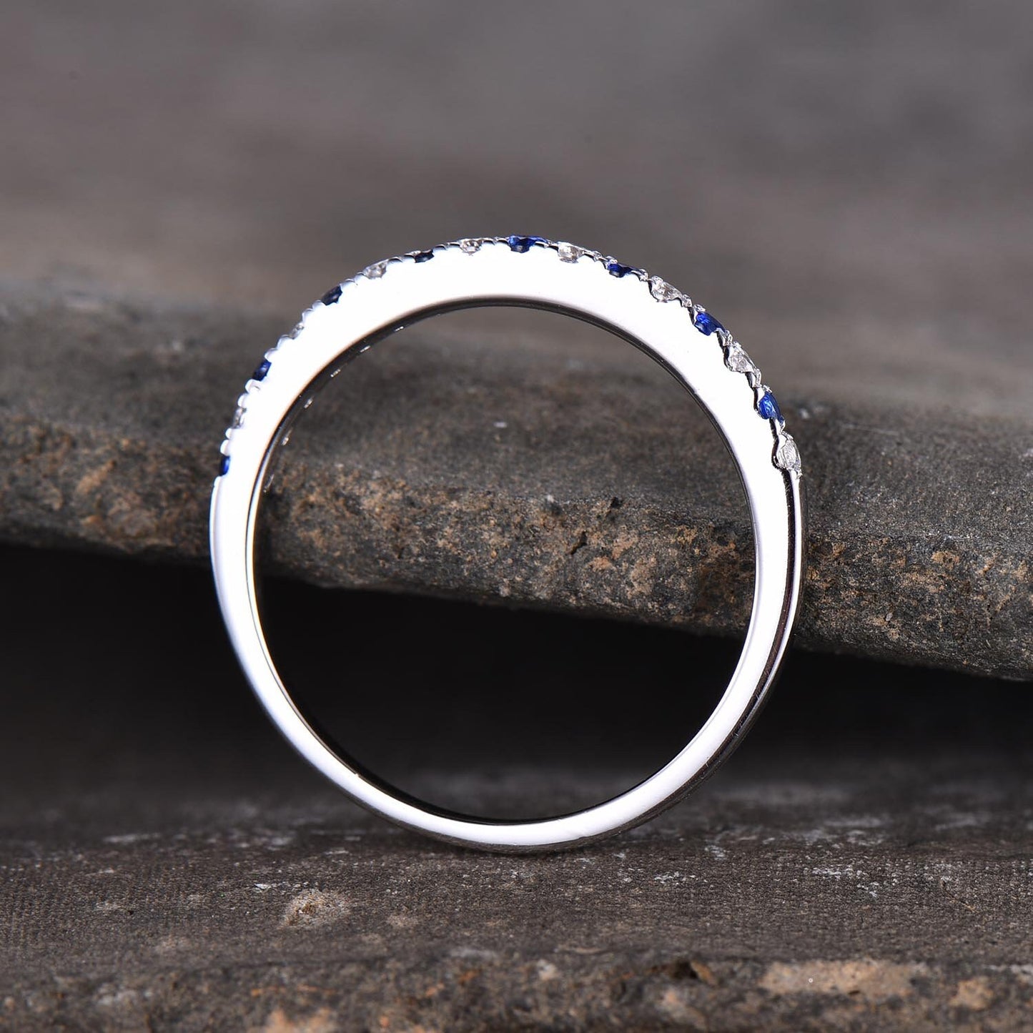Sapphire Ring, Sterling Silver Rings, Blue Sapphire and CZ Wedding Band, Stacking Band, Pave Band, Half Eternity Stacking Rings