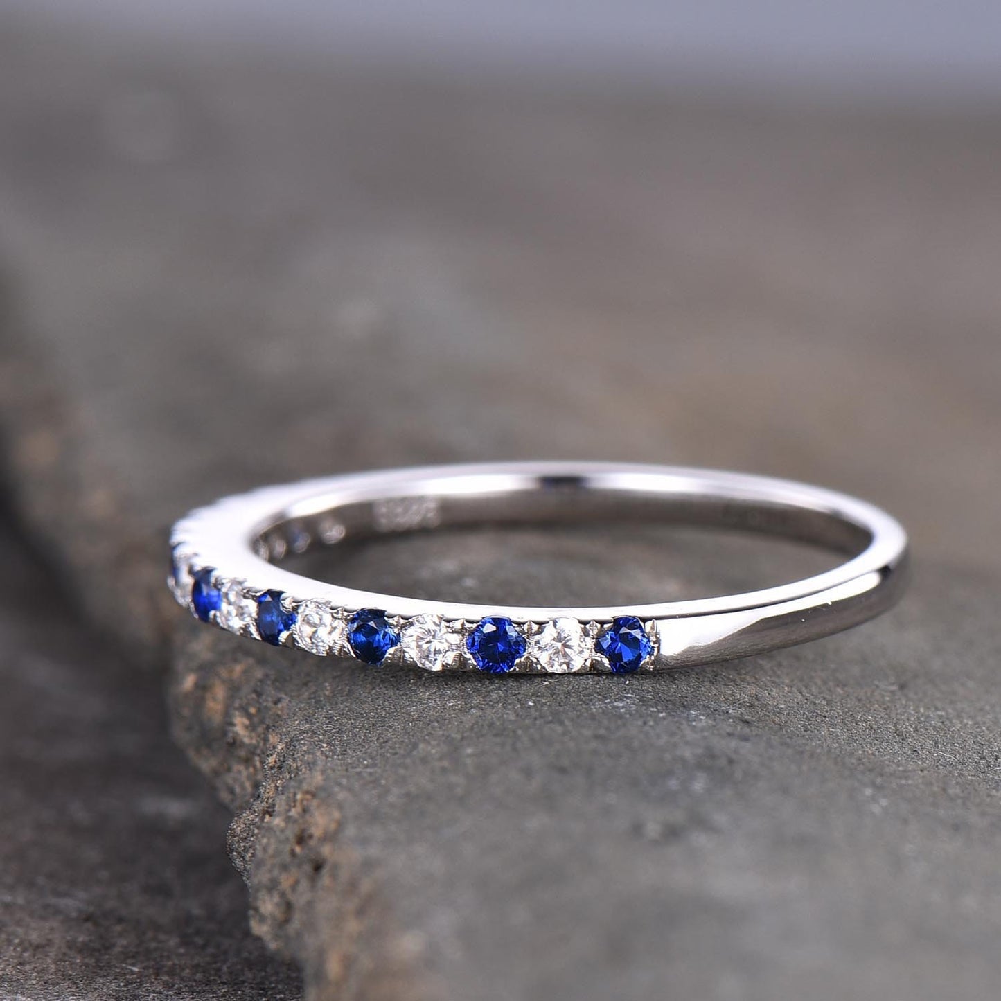 Sapphire Ring, Sterling Silver Rings, Blue Sapphire and CZ Wedding Band, Stacking Band, Pave Band, Half Eternity Stacking Rings