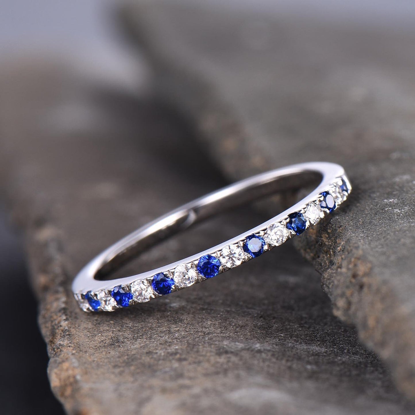 Sapphire Ring, Sterling Silver Rings, Blue Sapphire and CZ Wedding Band, Stacking Band, Pave Band, Half Eternity Stacking Rings