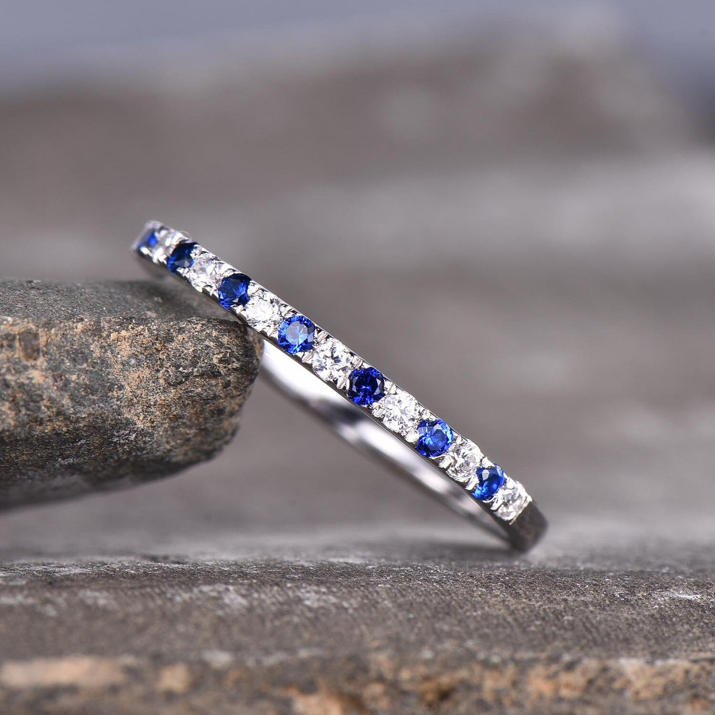 Sapphire Ring, Sterling Silver Rings, Blue Sapphire and CZ Wedding Band, Stacking Band, Pave Band, Half Eternity Stacking Rings