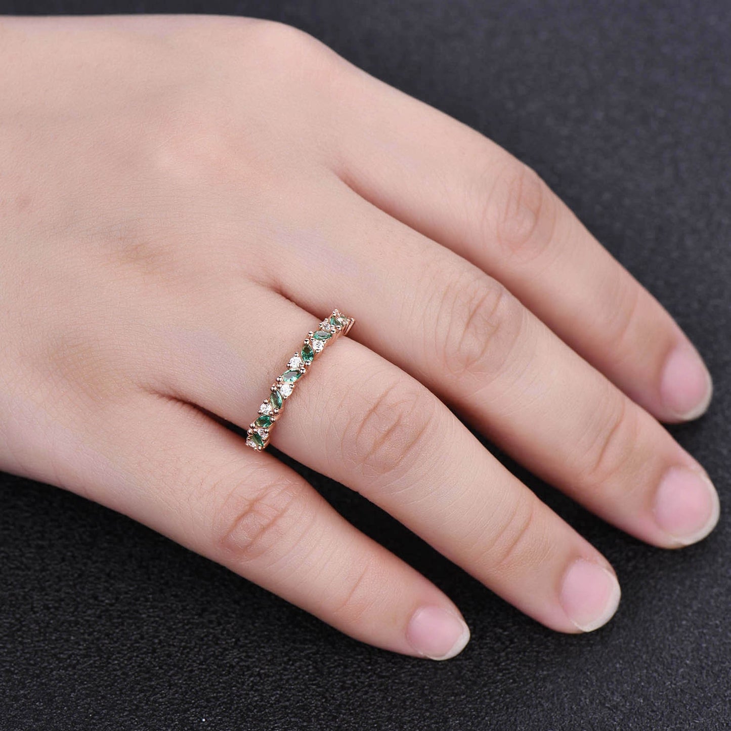 Vintage Emerald Ring, Emerald and CZ Ring, May Birthstone Ring, Rose Gold Emerald Ring, Emerald Stacking Ring, Gemstone Ring