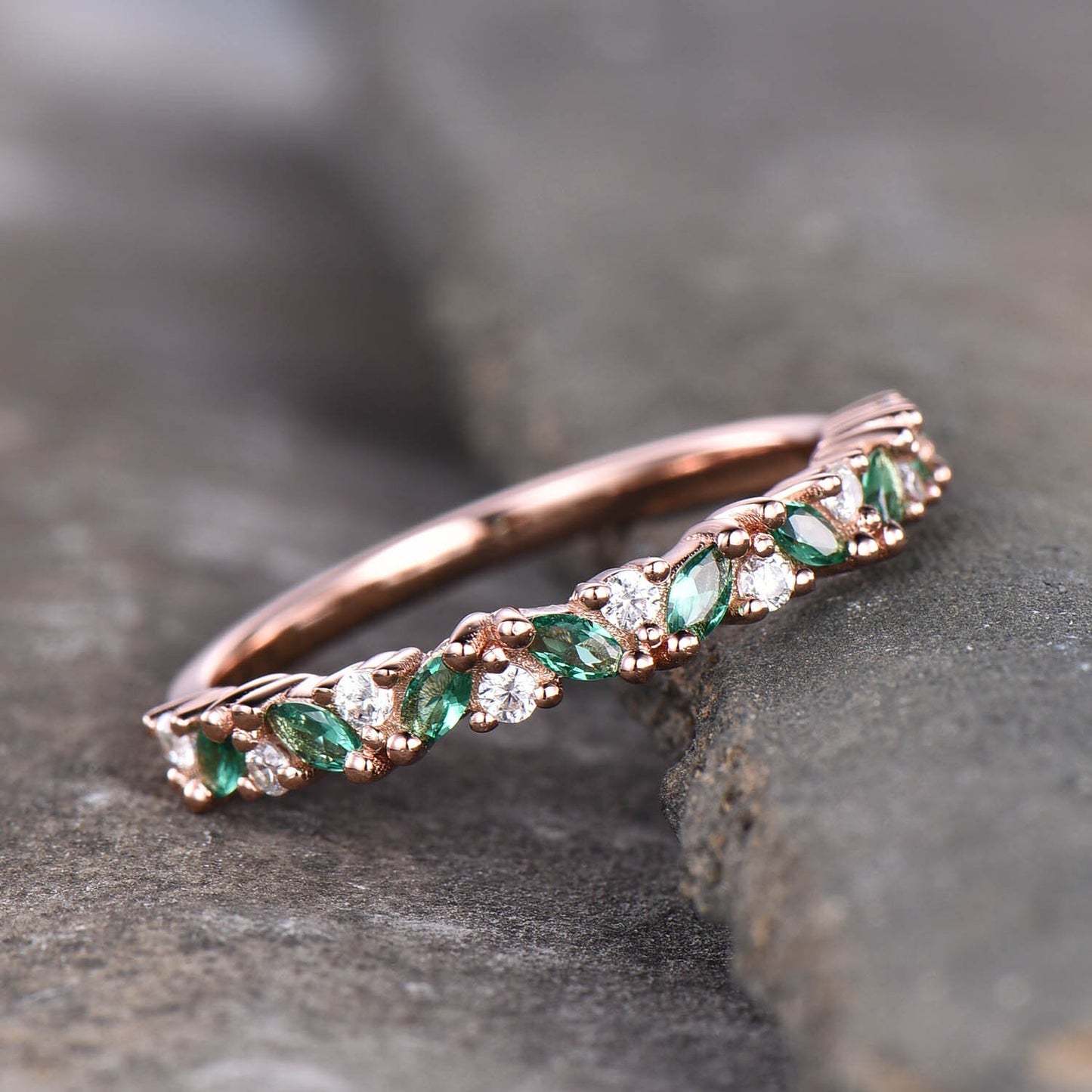 Vintage Emerald Ring, Emerald and CZ Ring, May Birthstone Ring, Rose Gold Emerald Ring, Emerald Stacking Ring, Gemstone Ring