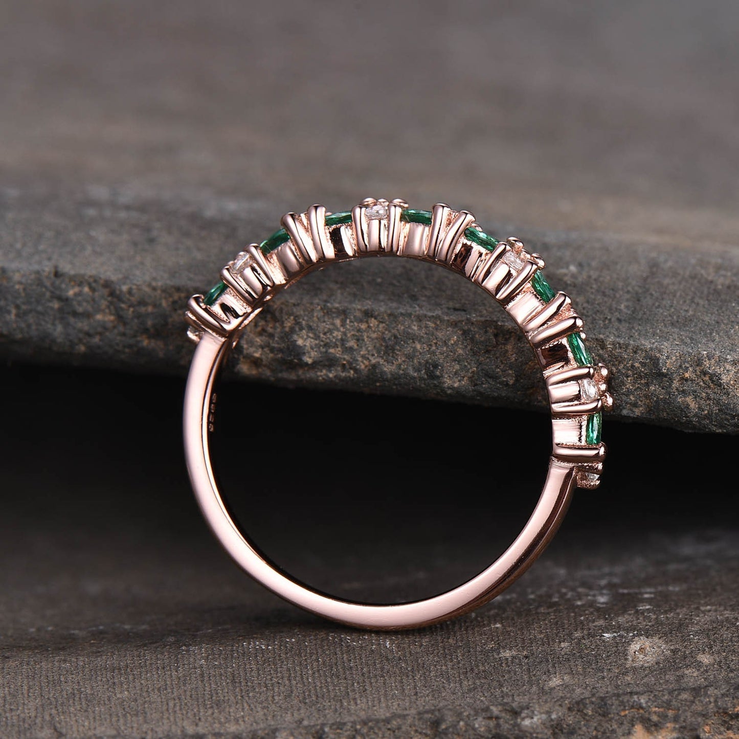 Vintage Emerald Ring, Emerald and CZ Ring, May Birthstone Ring, Rose Gold Emerald Ring, Emerald Stacking Ring, Gemstone Ring