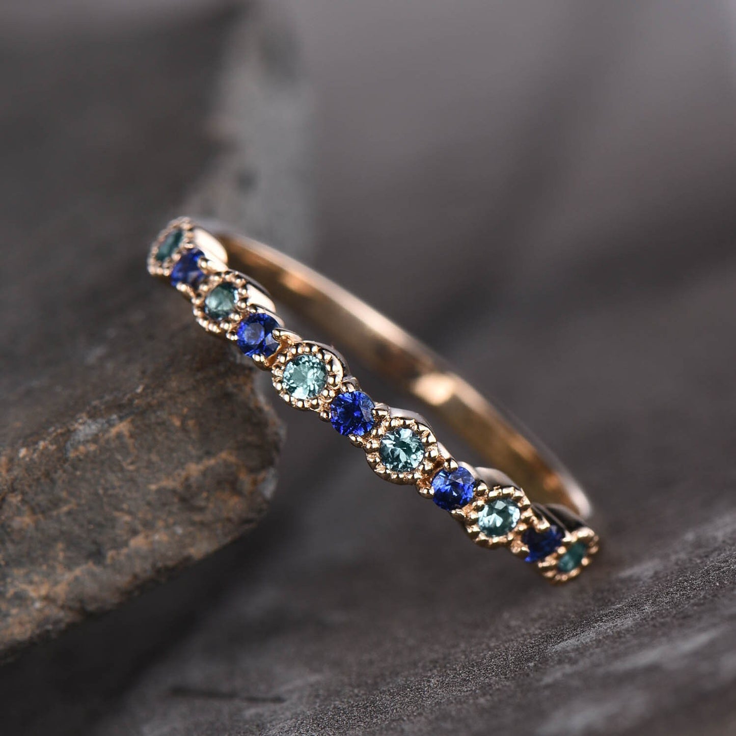 Alexandrite and Sapphire Ring, Alexandrite Ring, Gemstone Band, June Birthstone Ring, Rose Gold Ring, Anniversary Ring, Gift For Her
