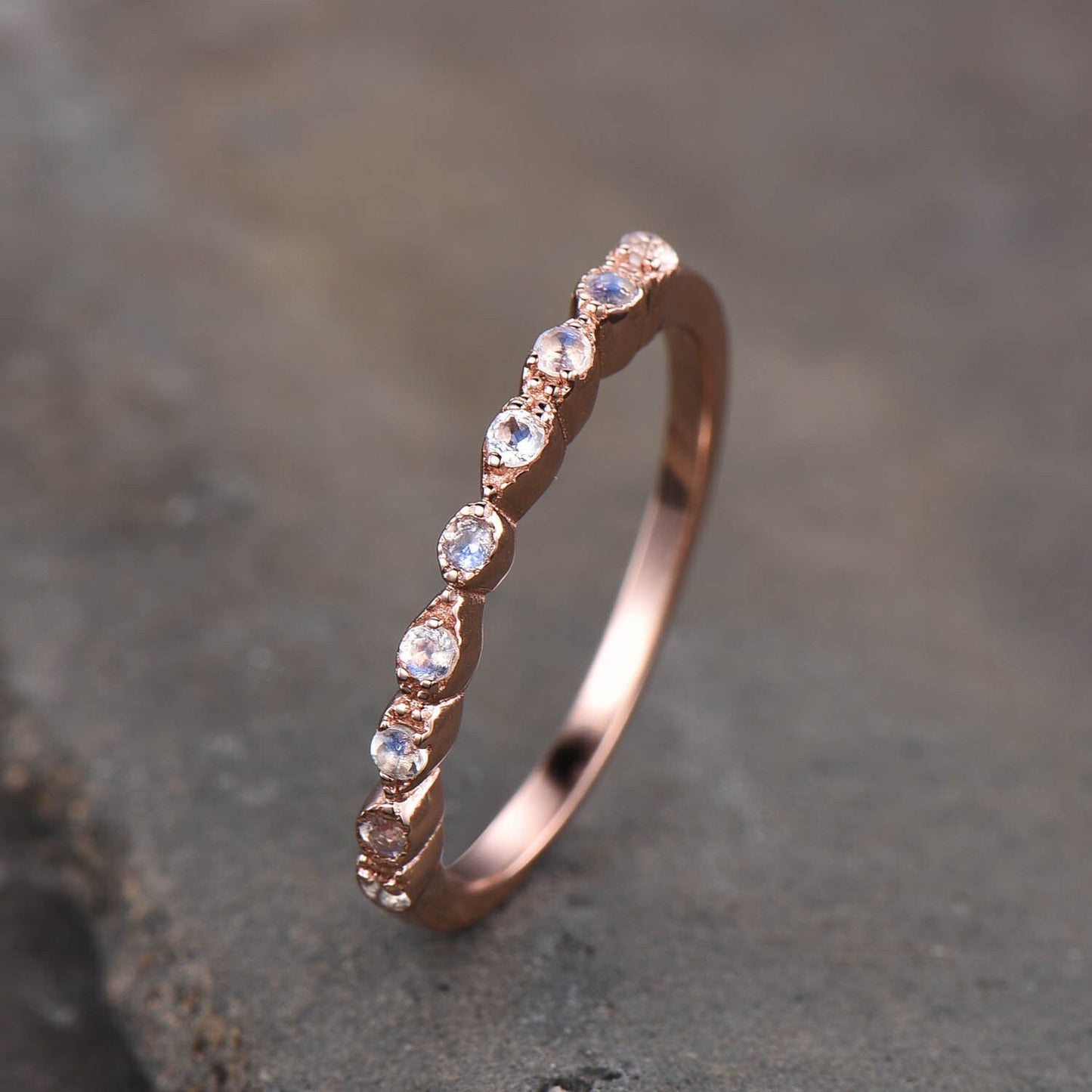 Dainty Moonstone Ring, Rainbow Moonstone Wedding Band, Genuine Gemstone, Stacking Ring, Delicate Ring Rose Gold, Half Eternity Band