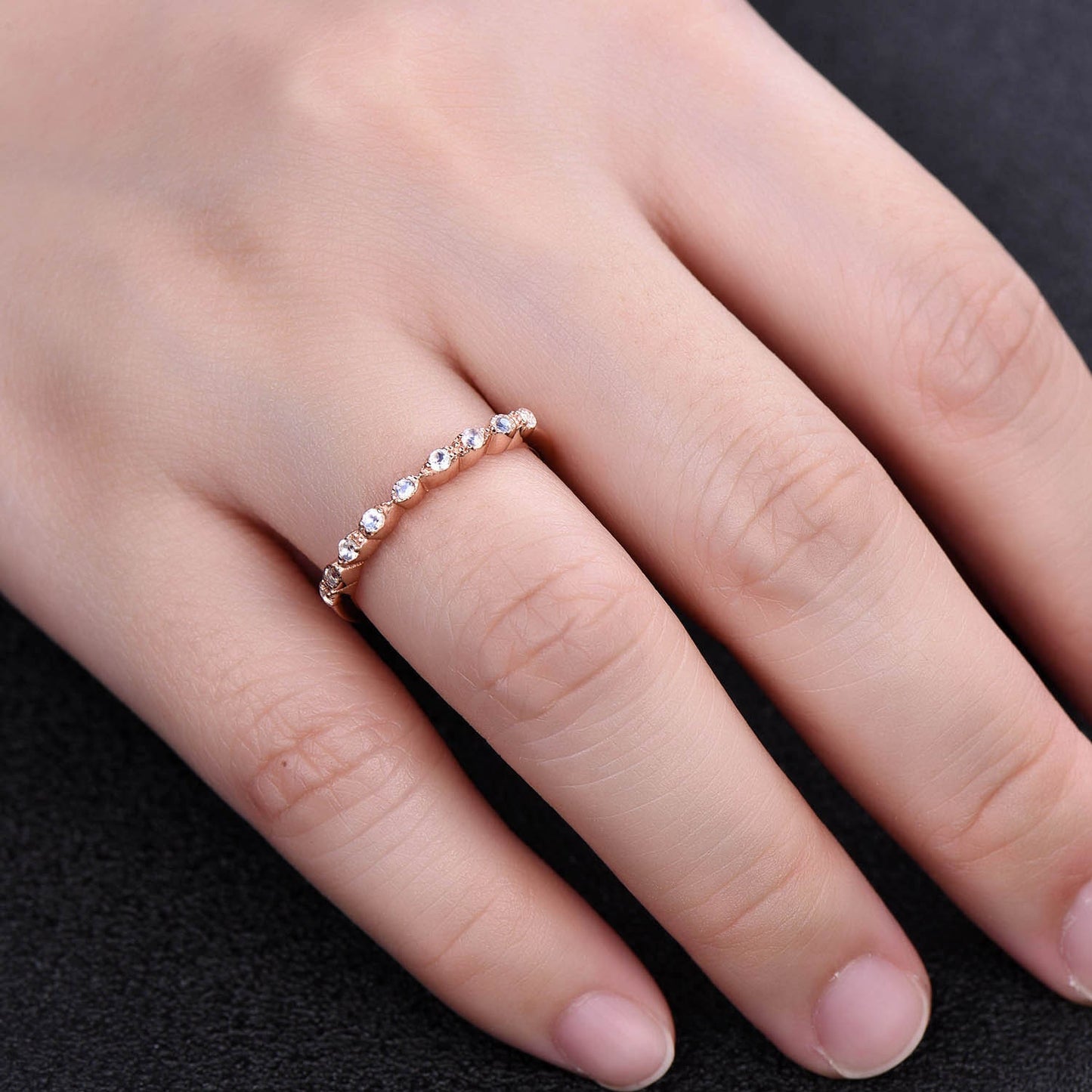 Dainty Moonstone Ring, Rainbow Moonstone Wedding Band, Genuine Gemstone, Stacking Ring, Delicate Ring Rose Gold, Half Eternity Band