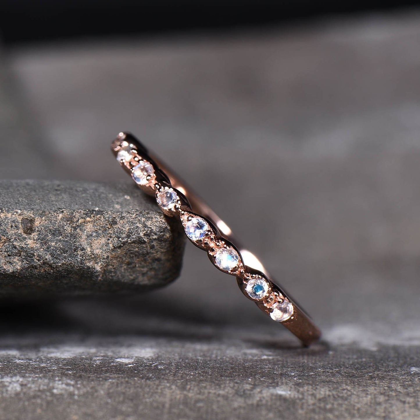 Dainty Moonstone Ring, Rainbow Moonstone Wedding Band, Genuine Gemstone, Stacking Ring, Delicate Ring Rose Gold, Half Eternity Band