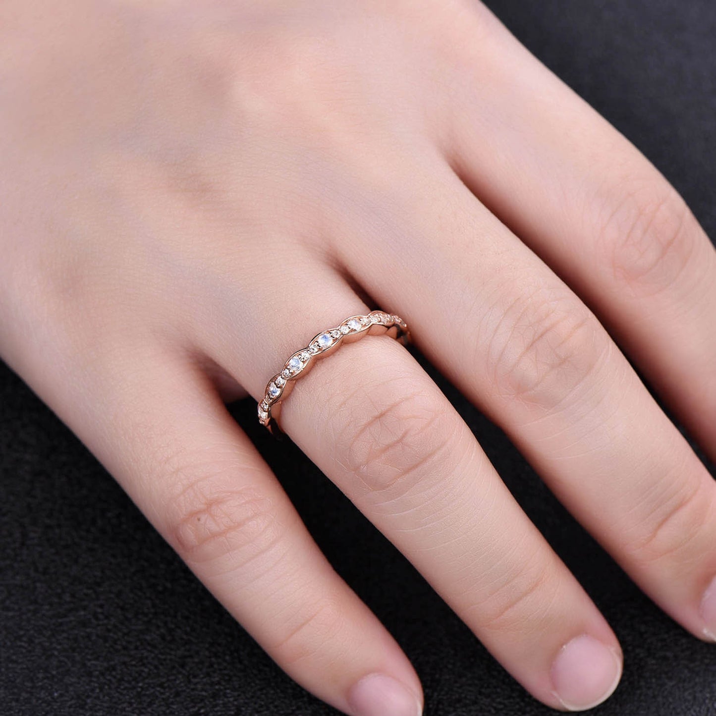Rainbow Moonstone Ring, Moonstone and CZ Wedding Band, Vintage Moonstone Ring, Rose Gold Moonstone Band, Stacking Ring, June Birthstone
