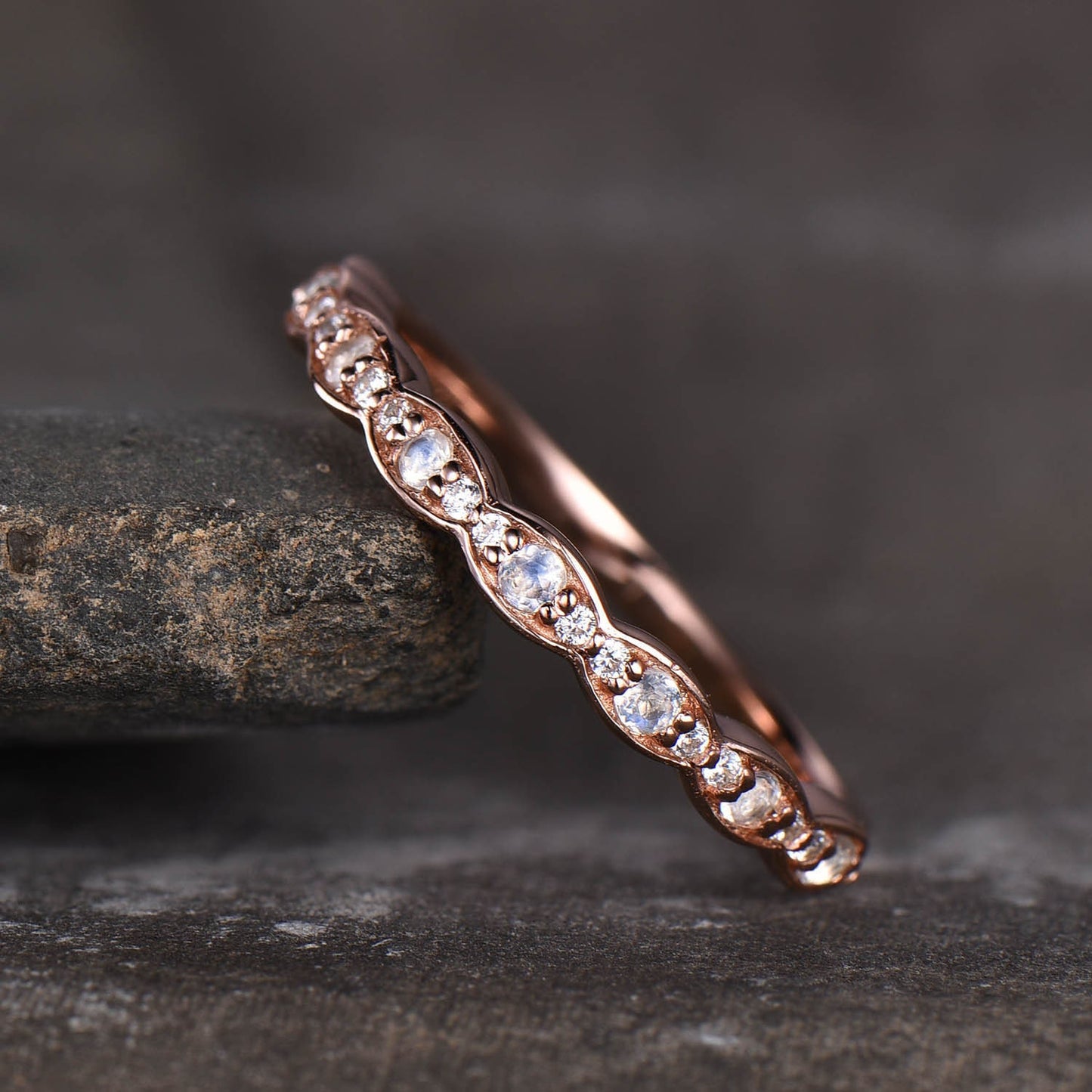 Rainbow Moonstone Ring, Moonstone and CZ Wedding Band, Vintage Moonstone Ring, Rose Gold Moonstone Band, Stacking Ring, June Birthstone