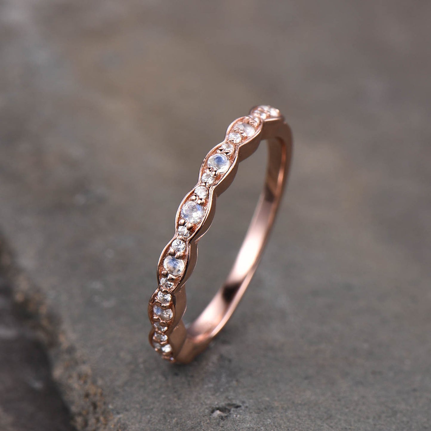 Rainbow Moonstone Ring, Moonstone and CZ Wedding Band, Vintage Moonstone Ring, Rose Gold Moonstone Band, Stacking Ring, June Birthstone