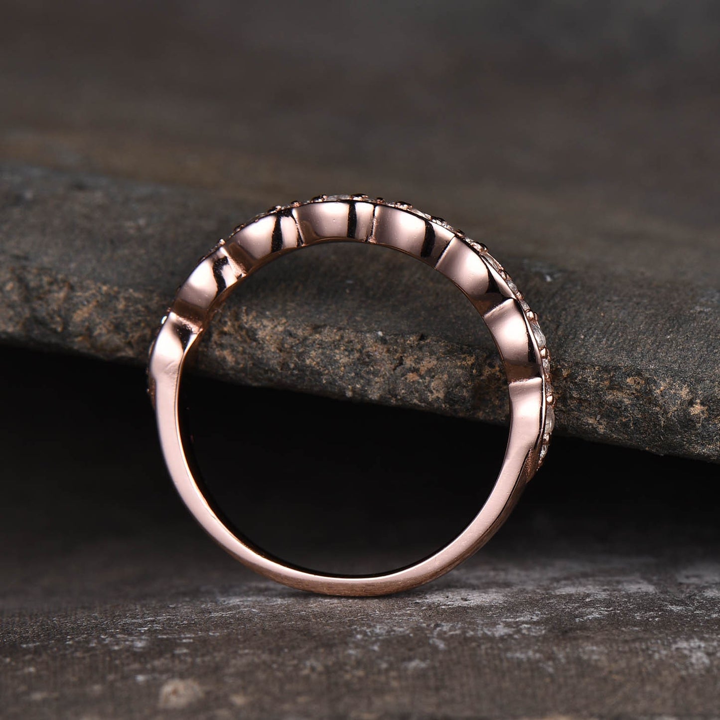 Rainbow Moonstone Ring, Moonstone and CZ Wedding Band, Vintage Moonstone Ring, Rose Gold Moonstone Band, Stacking Ring, June Birthstone