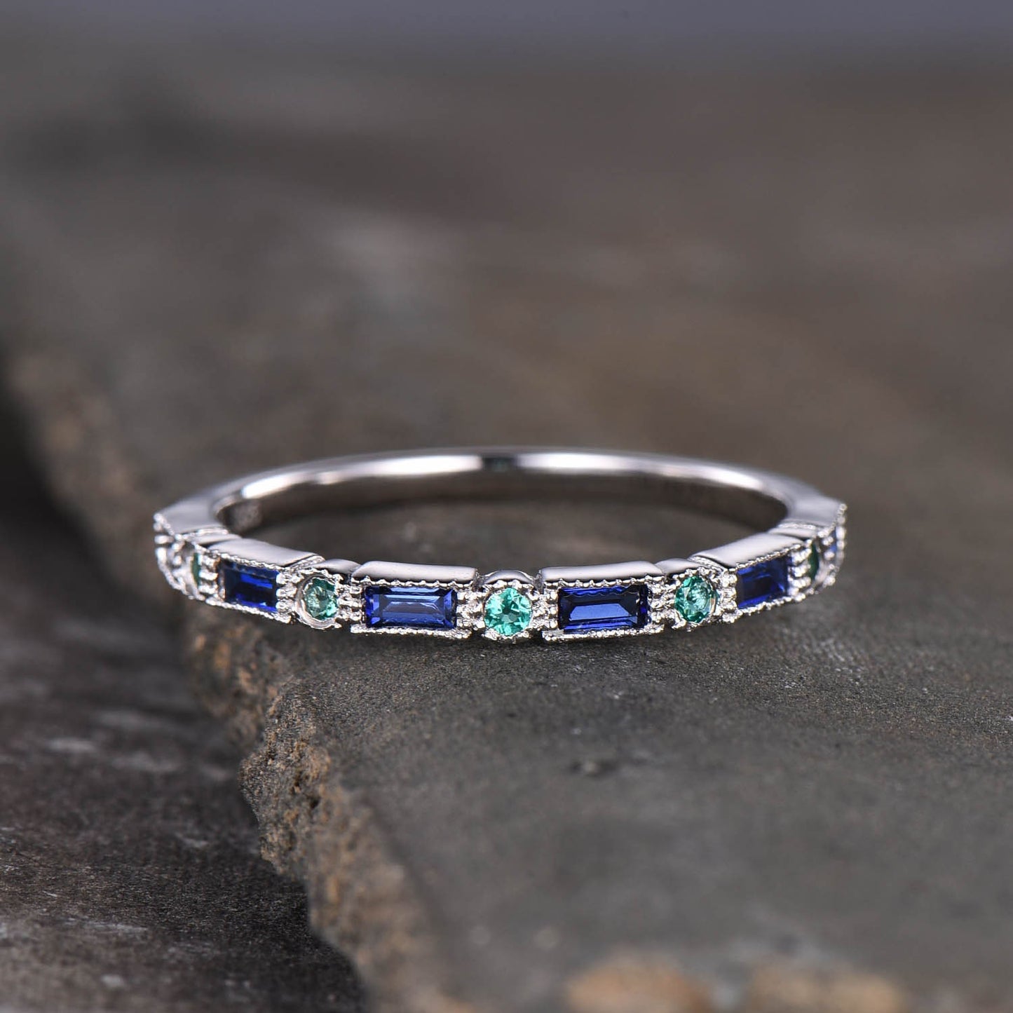 Sapphire and Emerald Ring, Sapphire Baguette Ring, Half Eternity Band, Stacking Ring, Silver Ring, Women's Wedding Ring, White Gold Ring