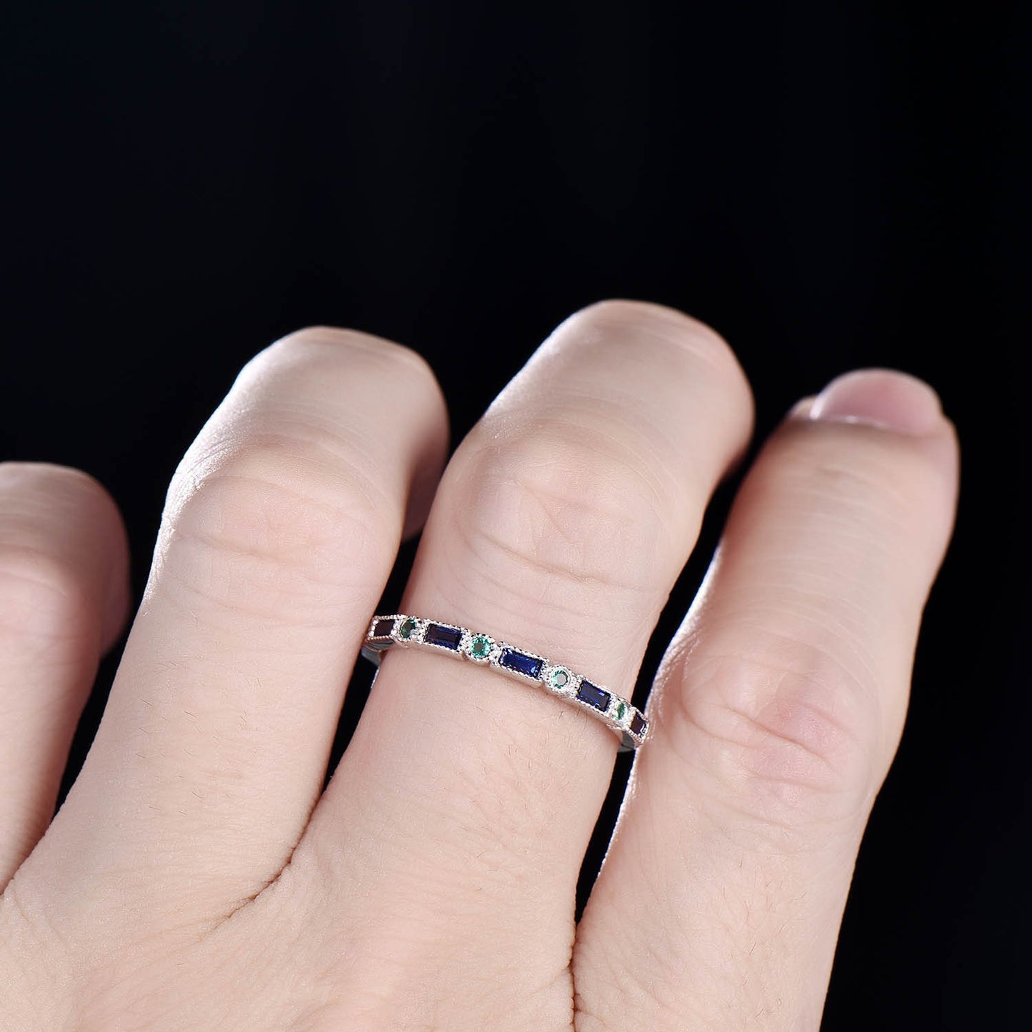 Sapphire and Emerald Ring, Sapphire Baguette Ring, Half Eternity Band, Stacking Ring, Silver Ring, Women's Wedding Ring, White Gold Ring