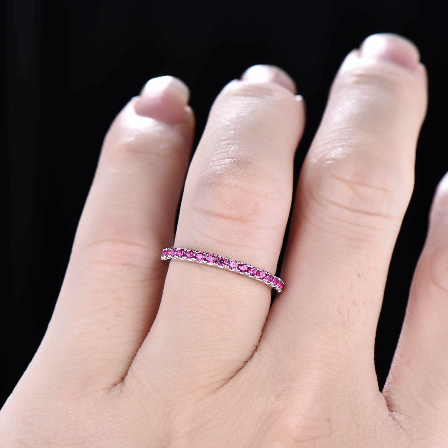 Half Eternity Ruby Wedding Band, Dainty Ruby Ring, Stacking Matching Band, Minimalist Ring, Gemstone Band, Silver Ring, Anniversary Gift