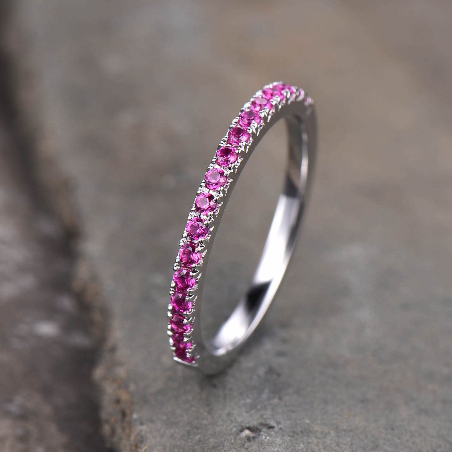 Half Eternity Ruby Wedding Band, Dainty Ruby Ring, Stacking Matching Band, Minimalist Ring, Gemstone Band, Silver Ring, Anniversary Gift