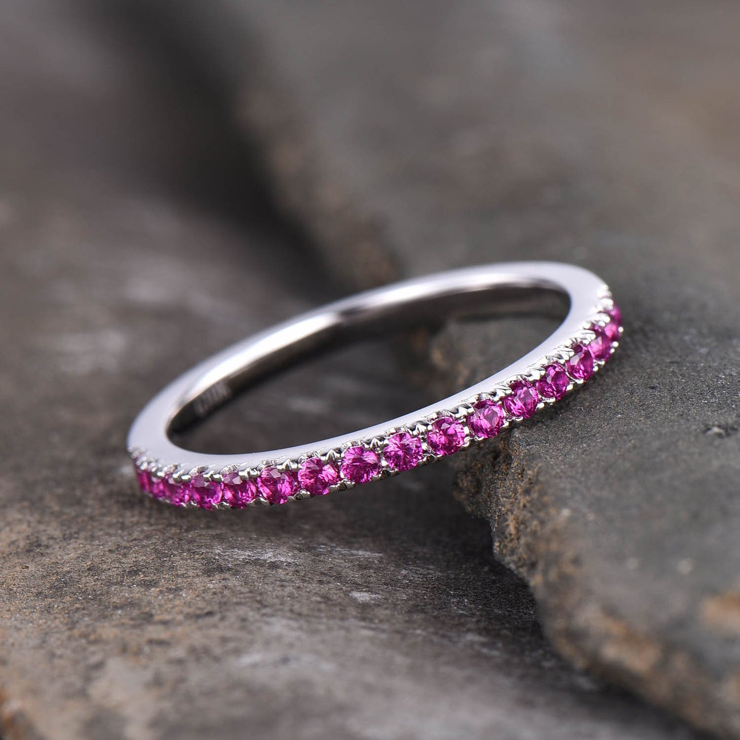 Half Eternity Ruby Wedding Band, Dainty Ruby Ring, Stacking Matching Band, Minimalist Ring, Gemstone Band, Silver Ring, Anniversary Gift