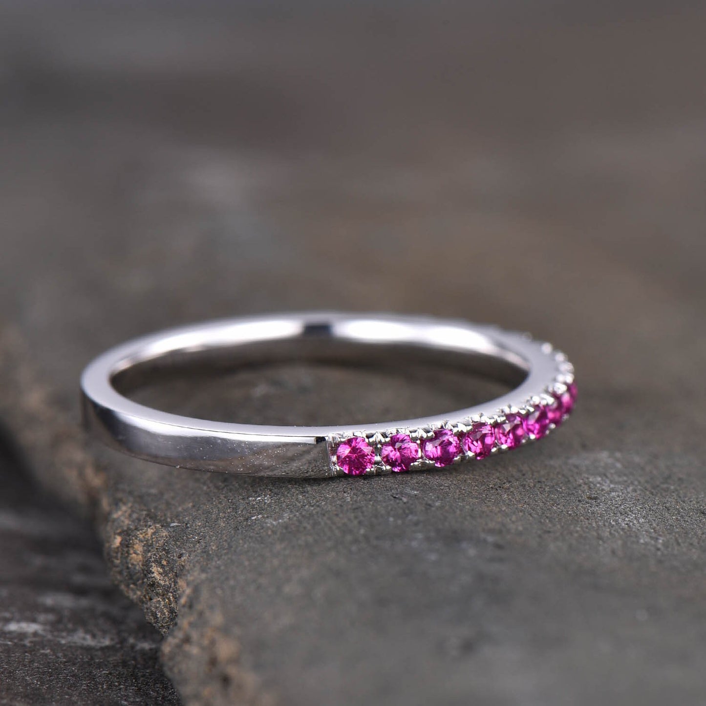 Half Eternity Ruby Wedding Band, Dainty Ruby Ring, Stacking Matching Band, Minimalist Ring, Gemstone Band, Silver Ring, Anniversary Gift